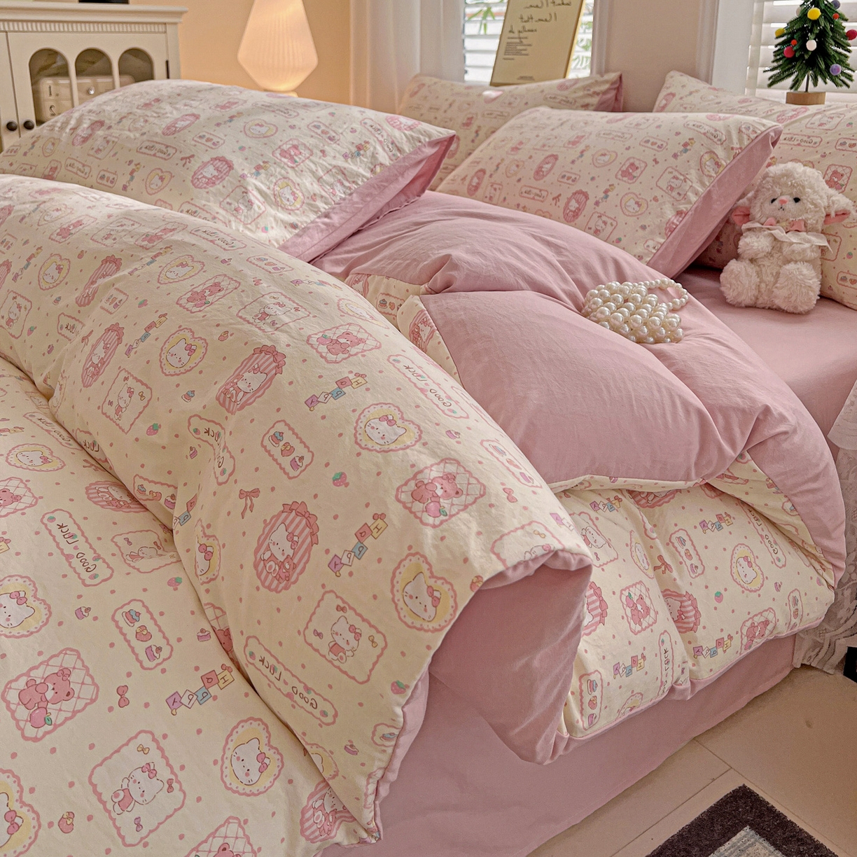 温眠家纺 2026新款A类古法水洗仿棉云感棉加厚四件套 K蒂猫