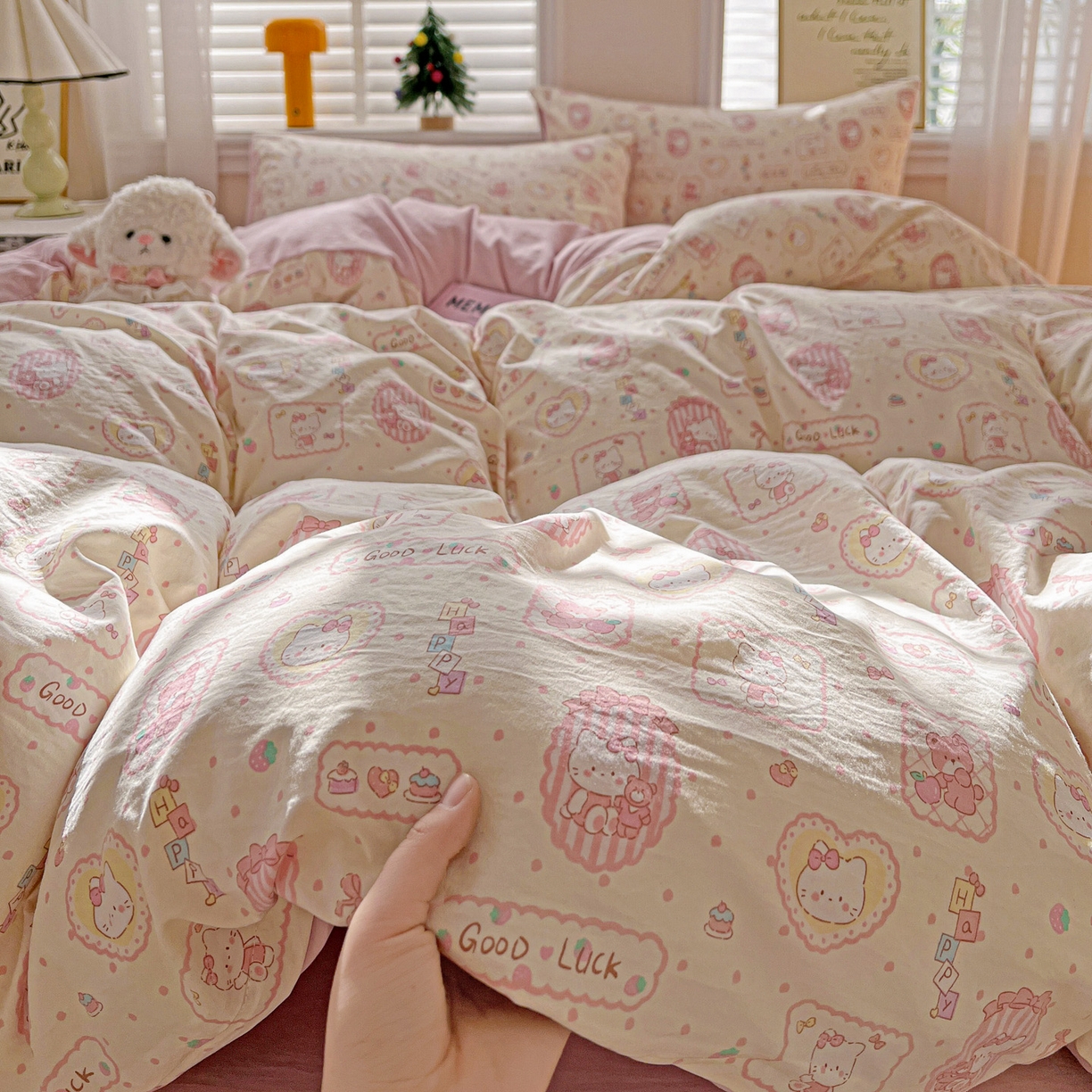 91家纺网 家纺一手货源 找家纺 温眠家纺 2026新款A类古法水洗仿棉云感棉加厚四件套 K蒂猫