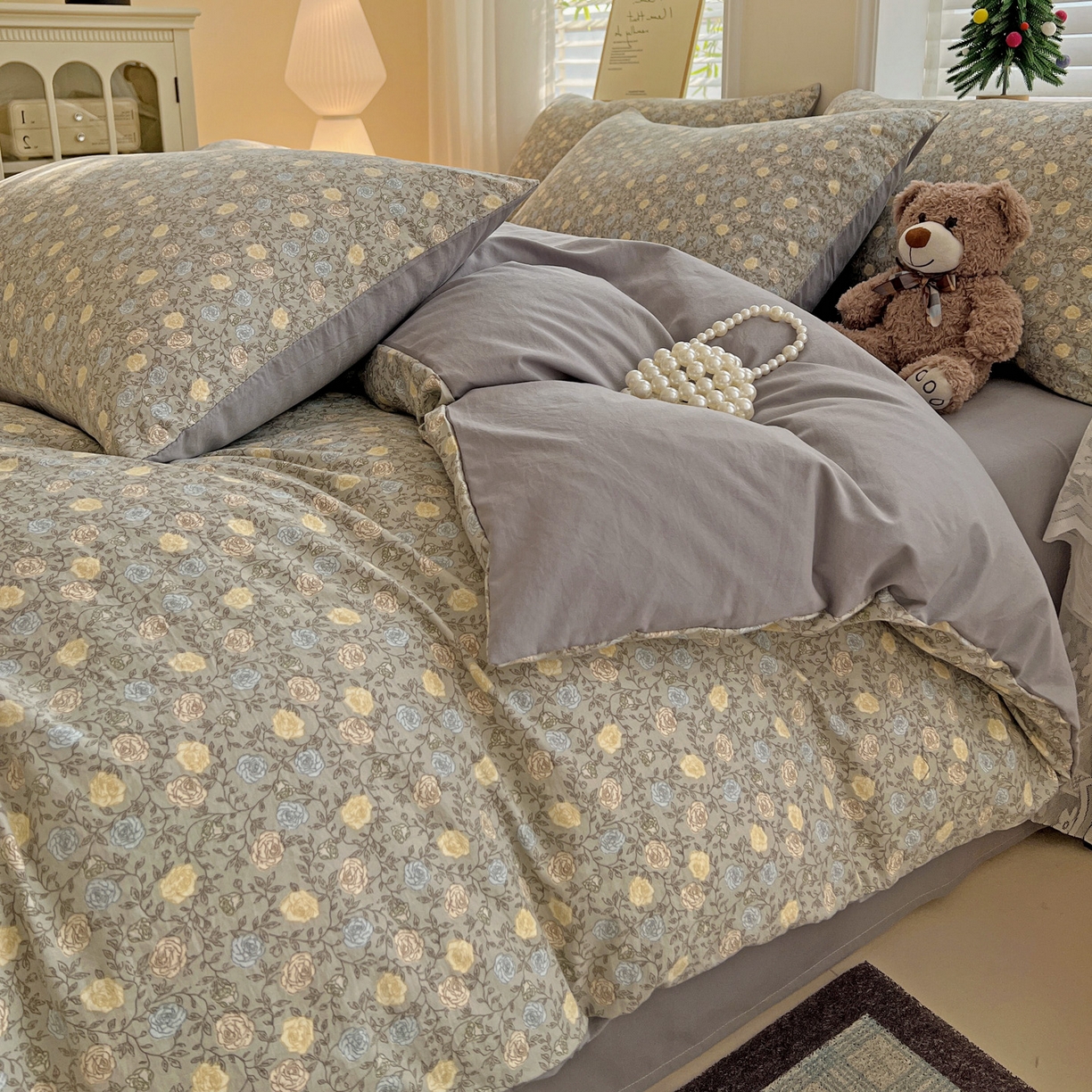 91家纺网 家纺一手货源 找家纺 温眠家纺 2026新款A类古法水洗仿棉云感棉加厚四件套 花悦梦境