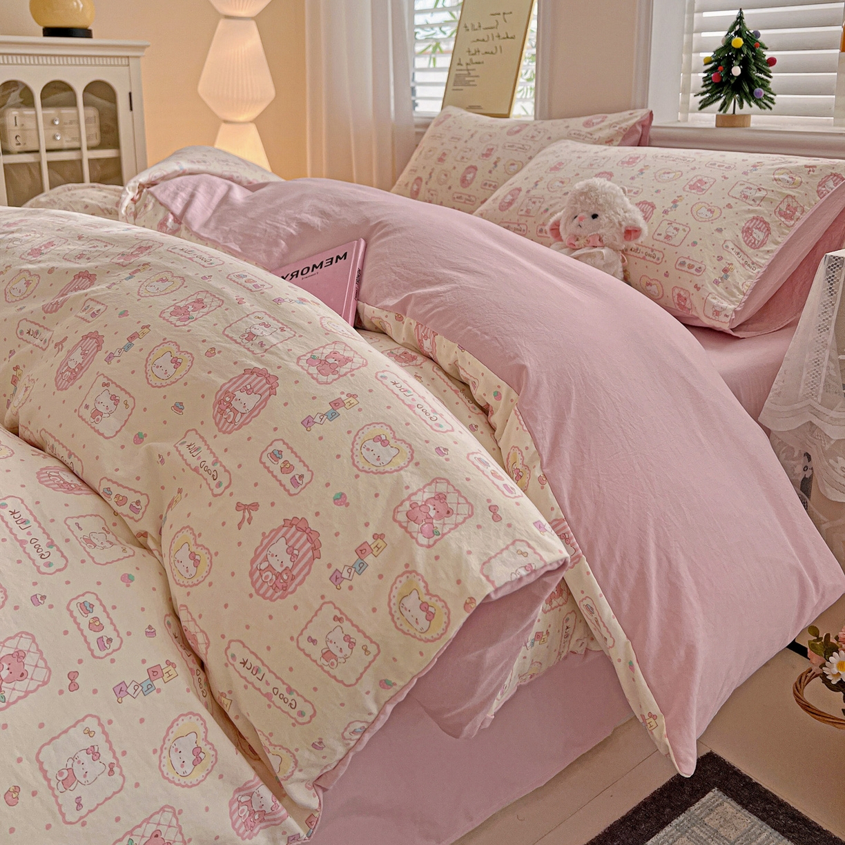 91家纺网 家纺一手货源 找家纺 温眠家纺 2026新款A类古法水洗仿棉云感棉加厚四件套 K蒂猫