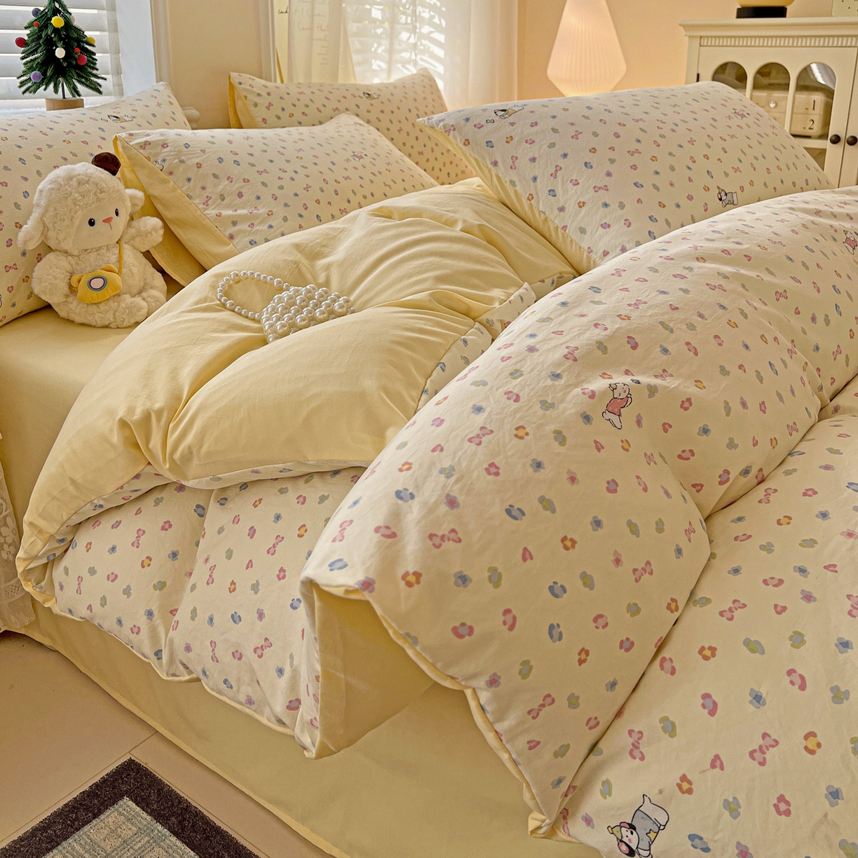 91家纺网 家纺一手货源 找家纺 温眠家纺 2026新款A类古法水洗仿棉云感棉加厚四件套 软芙小狗