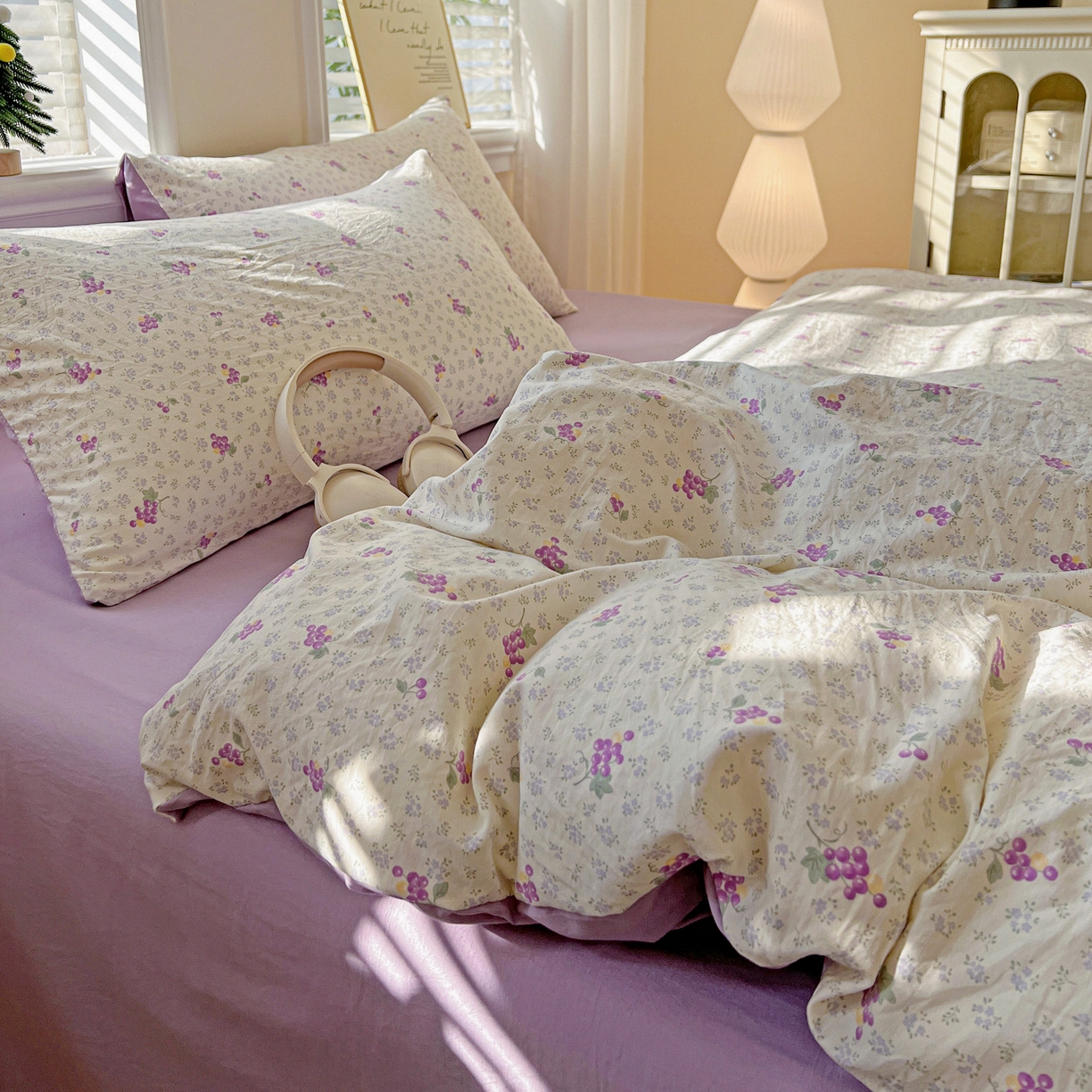 91家纺网 家纺一手货源 找家纺 温眠家纺 2026新款A类古法水洗仿棉云感棉加厚四件套 紫色葡萄