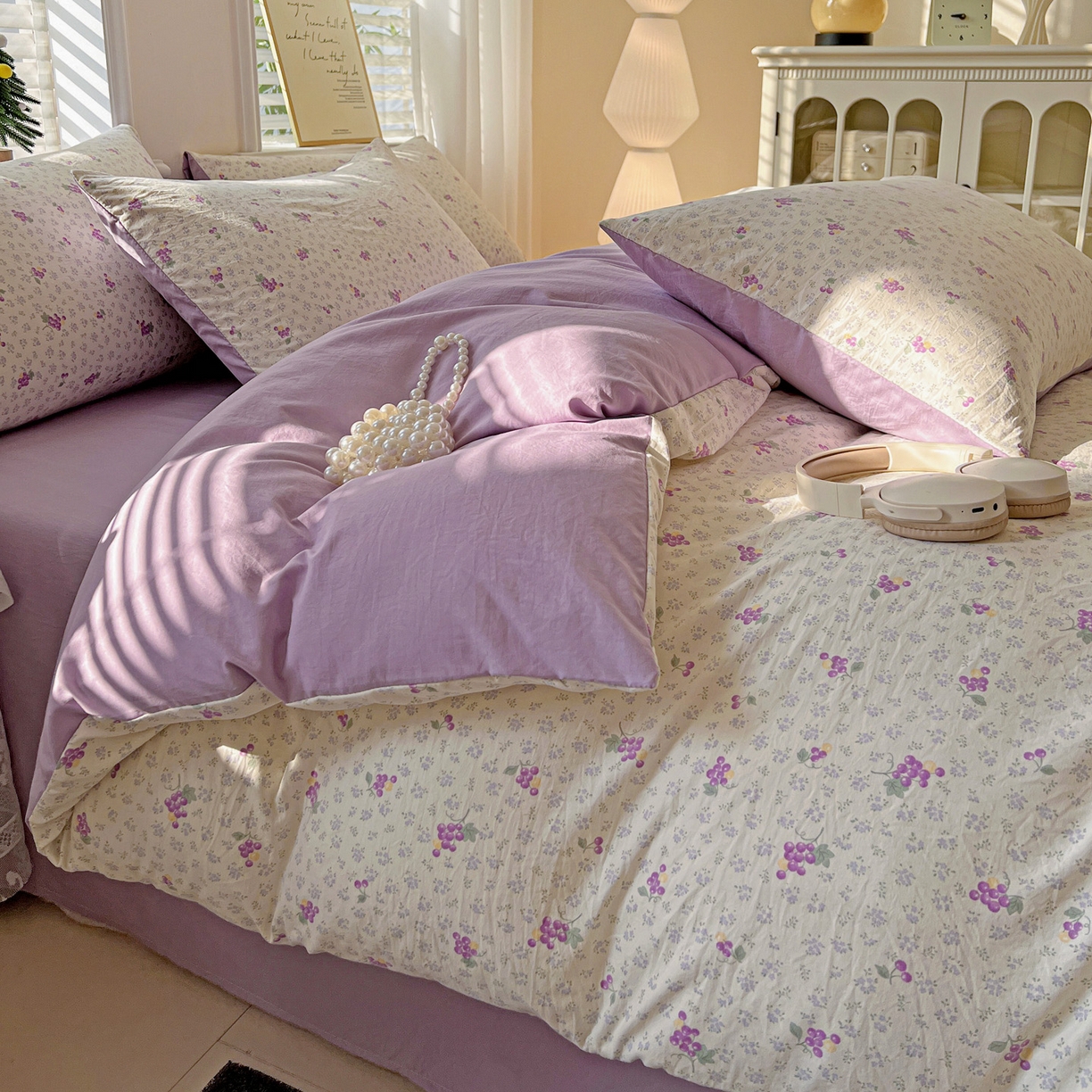 91家纺网 家纺一手货源 找家纺 温眠家纺 2026新款A类古法水洗仿棉云感棉加厚四件套 紫色葡萄