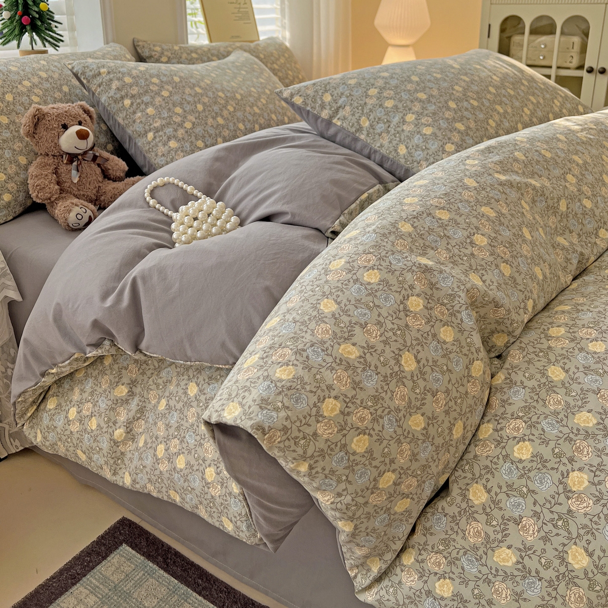 91家纺网 家纺一手货源 找家纺 温眠家纺 2026新款A类古法水洗仿棉云感棉加厚四件套 花悦梦境