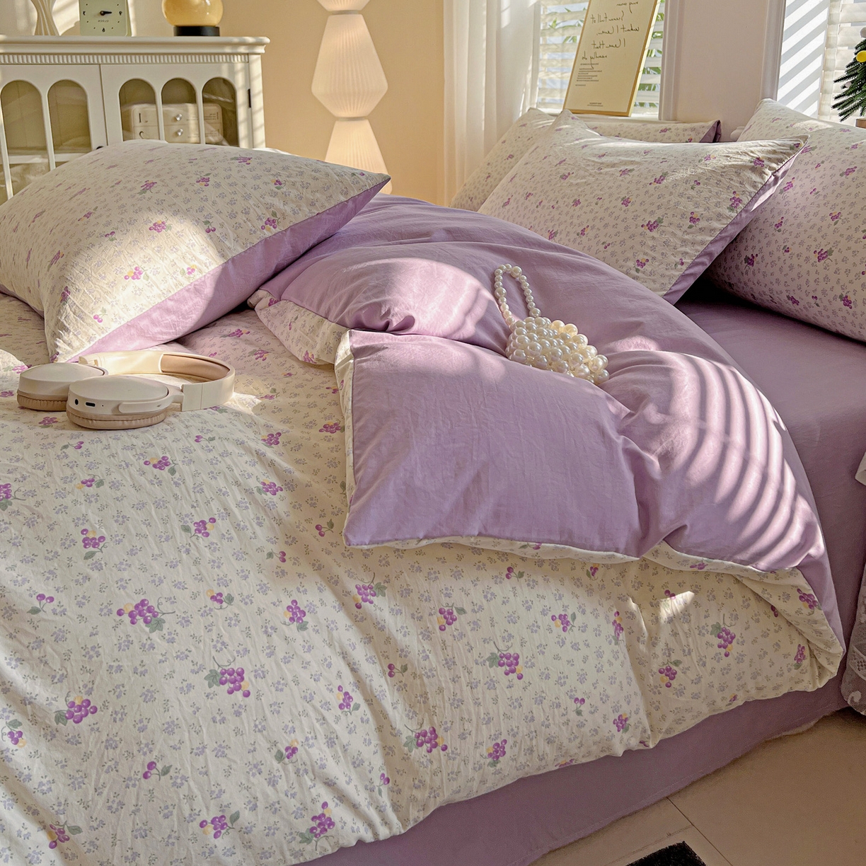 91家纺网 家纺一手货源 找家纺 温眠家纺 2026新款A类古法水洗仿棉云感棉加厚四件套 紫色葡萄