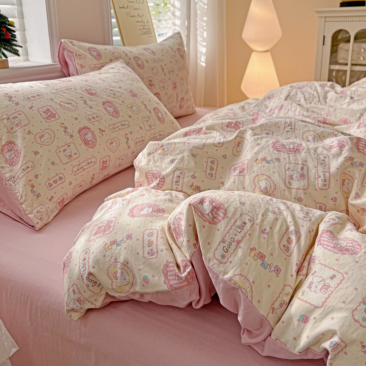 91家纺网 家纺一手货源 找家纺 温眠家纺 2026新款A类古法水洗仿棉云感棉加厚四件套 K蒂猫