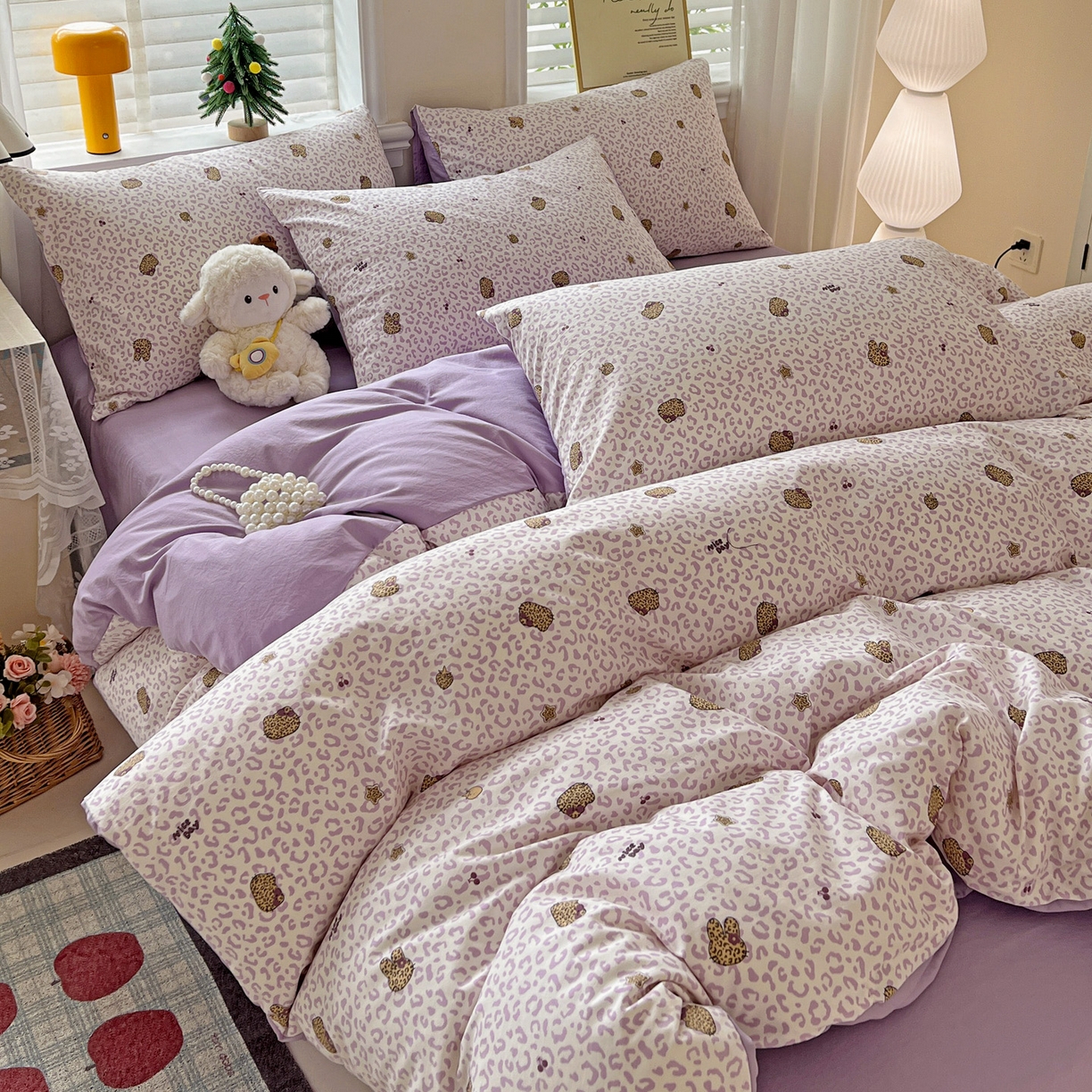 91家纺网 家纺一手货源 找家纺 温眠家纺 2026新款A类古法水洗仿棉云感棉加厚四件套 豹纹猫咪-紫