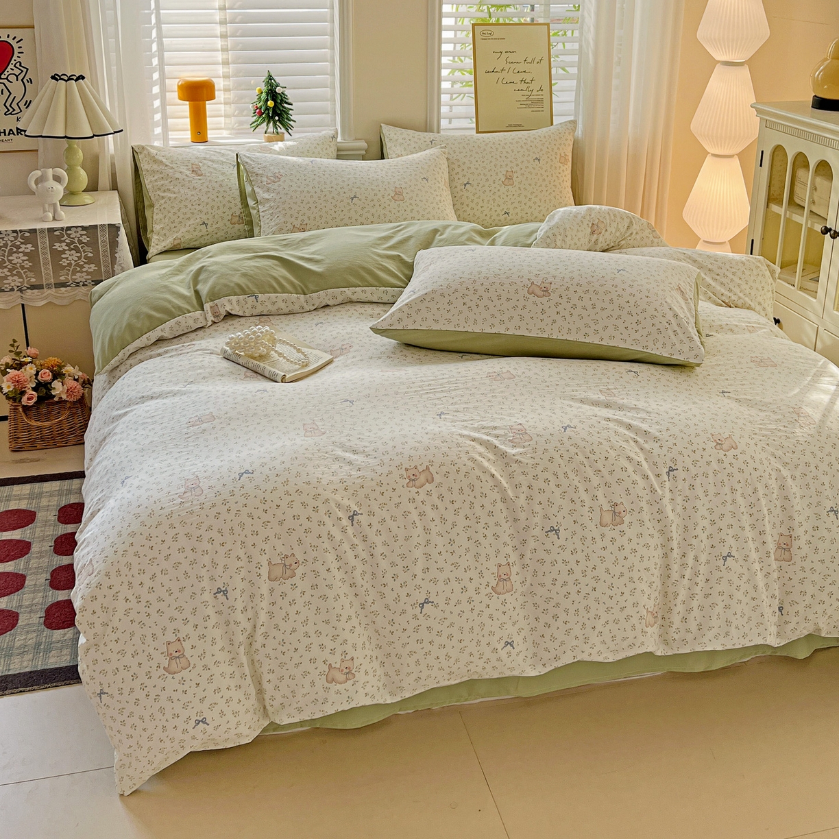 91家纺网 家纺一手货源 找家纺 温眠家纺 2026新款A类古法水洗仿棉云感棉加厚四件套 碎花小狗