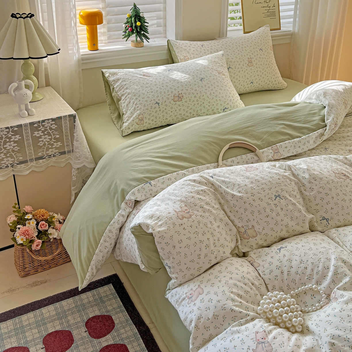 91家纺网 家纺一手货源 找家纺 温眠家纺 2026新款A类古法水洗仿棉云感棉加厚四件套 碎花小狗