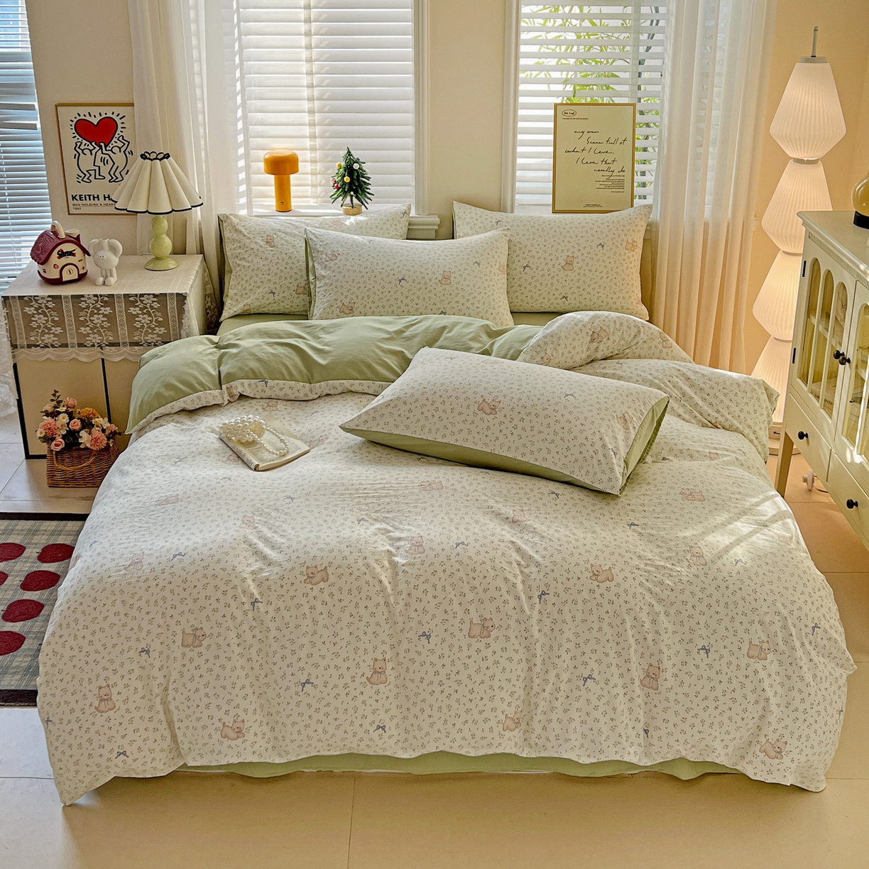 91家纺网 家纺一手货源 找家纺 温眠家纺 2026新款A类古法水洗仿棉云感棉加厚四件套 碎花小狗