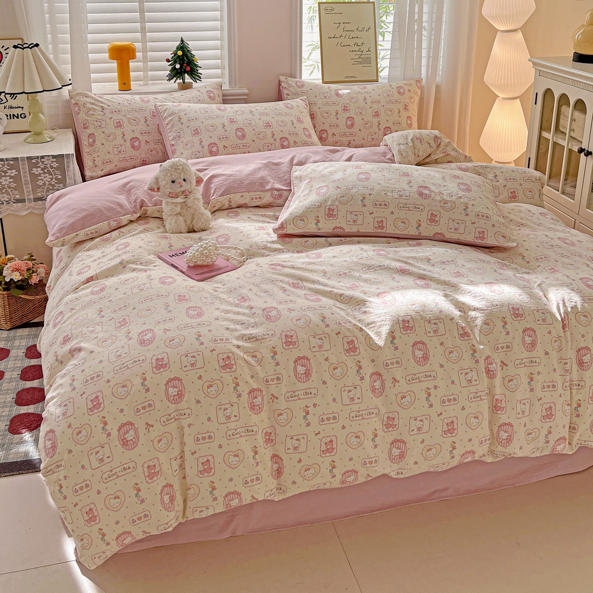 91家纺网 家纺一手货源 找家纺 温眠家纺 2026新款A类古法水洗仿棉云感棉加厚四件套 K蒂猫