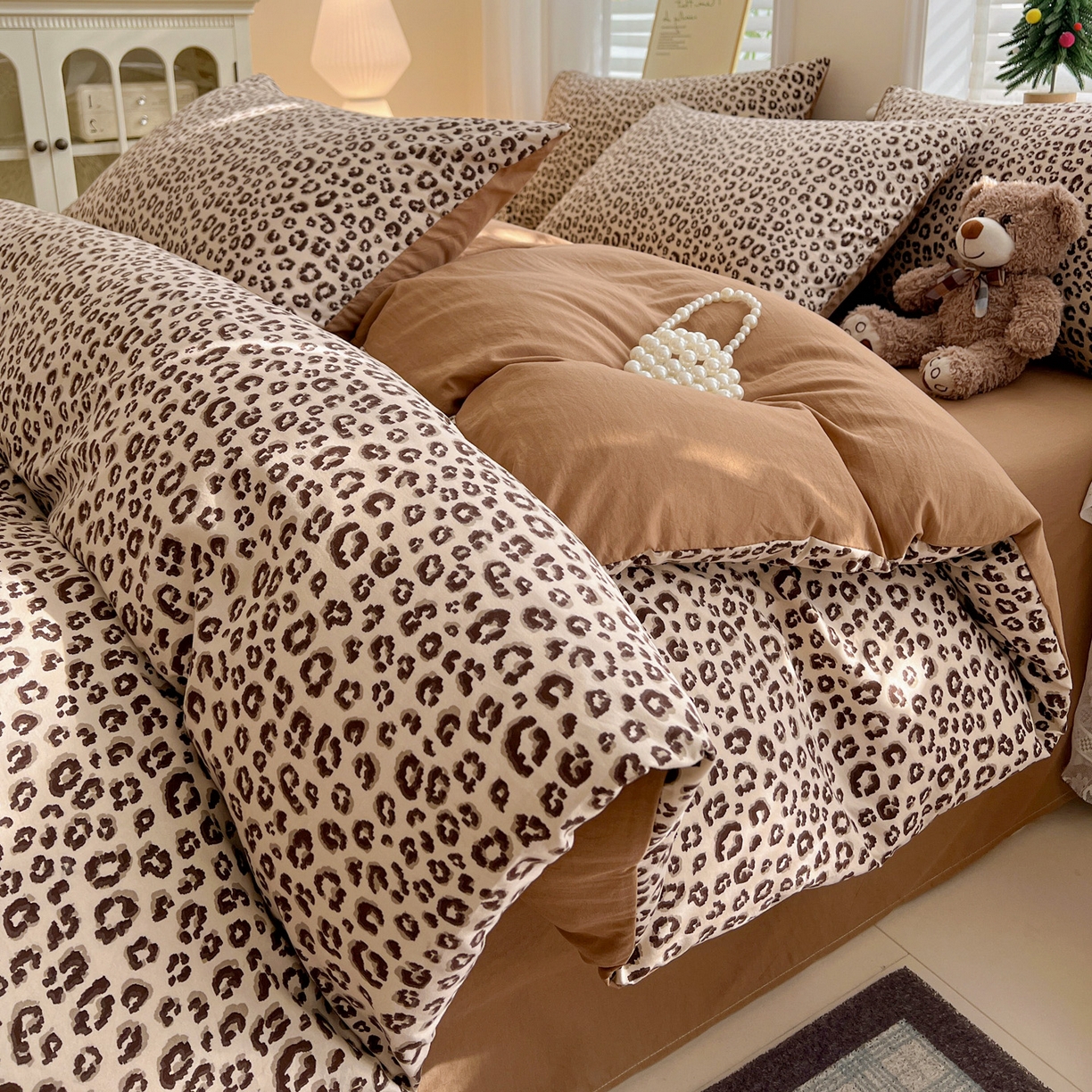 温眠家纺 2026新款A类古法水洗仿棉云感棉加厚四件套 豹纹