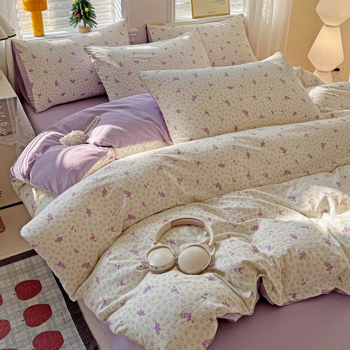 91家纺网 家纺一手货源 找家纺 温眠家纺 2026新款A类古法水洗仿棉云感棉加厚四件套 紫色葡萄