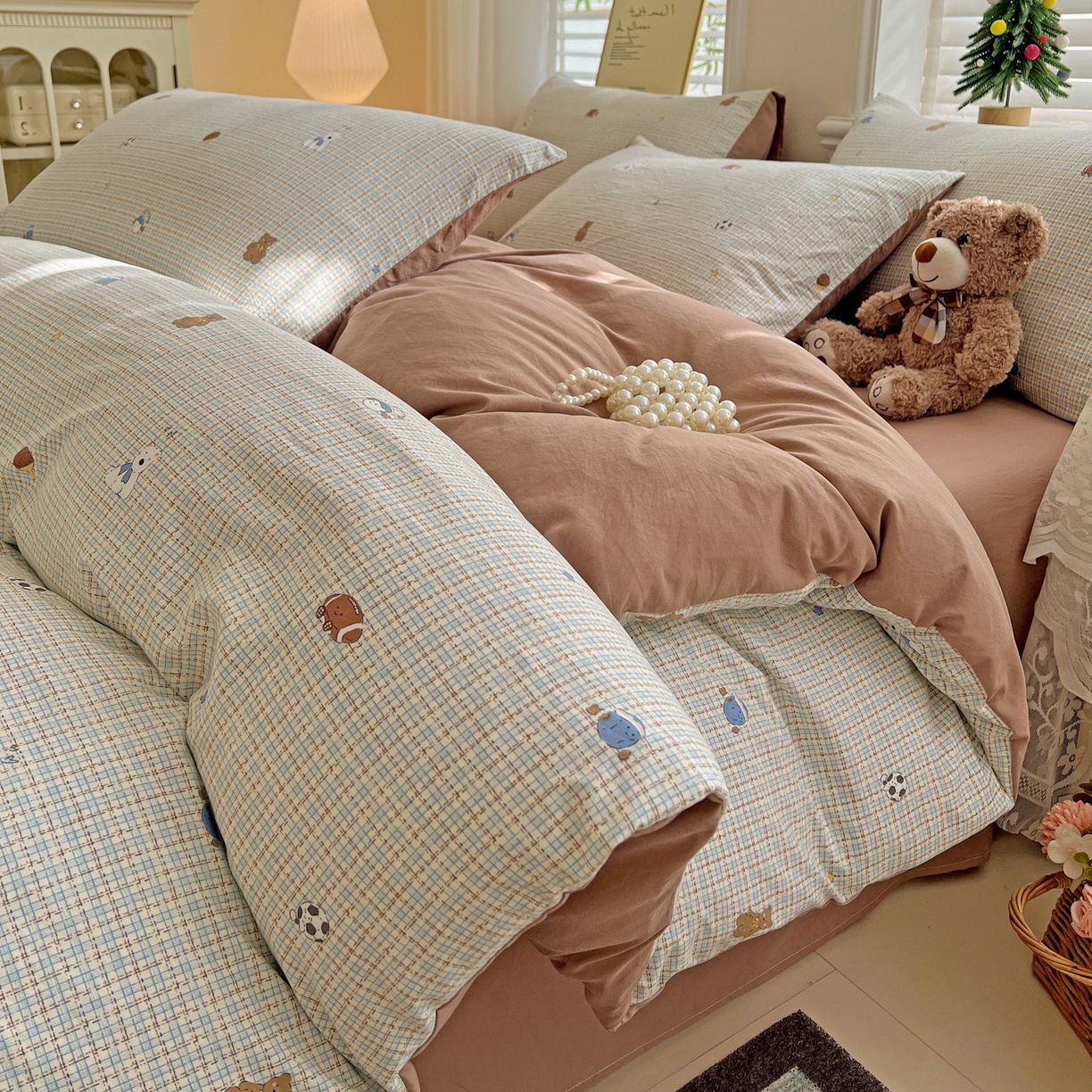 温眠家纺 2026新款A类古法水洗仿棉云感棉加厚四件套 奶咖小熊