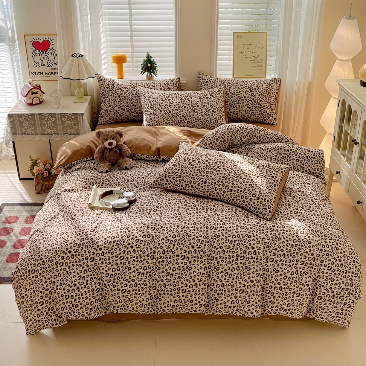 91家纺网 家纺一手货源 找家纺 温眠家纺 2026新款A类古法水洗仿棉云感棉加厚四件套 豹纹