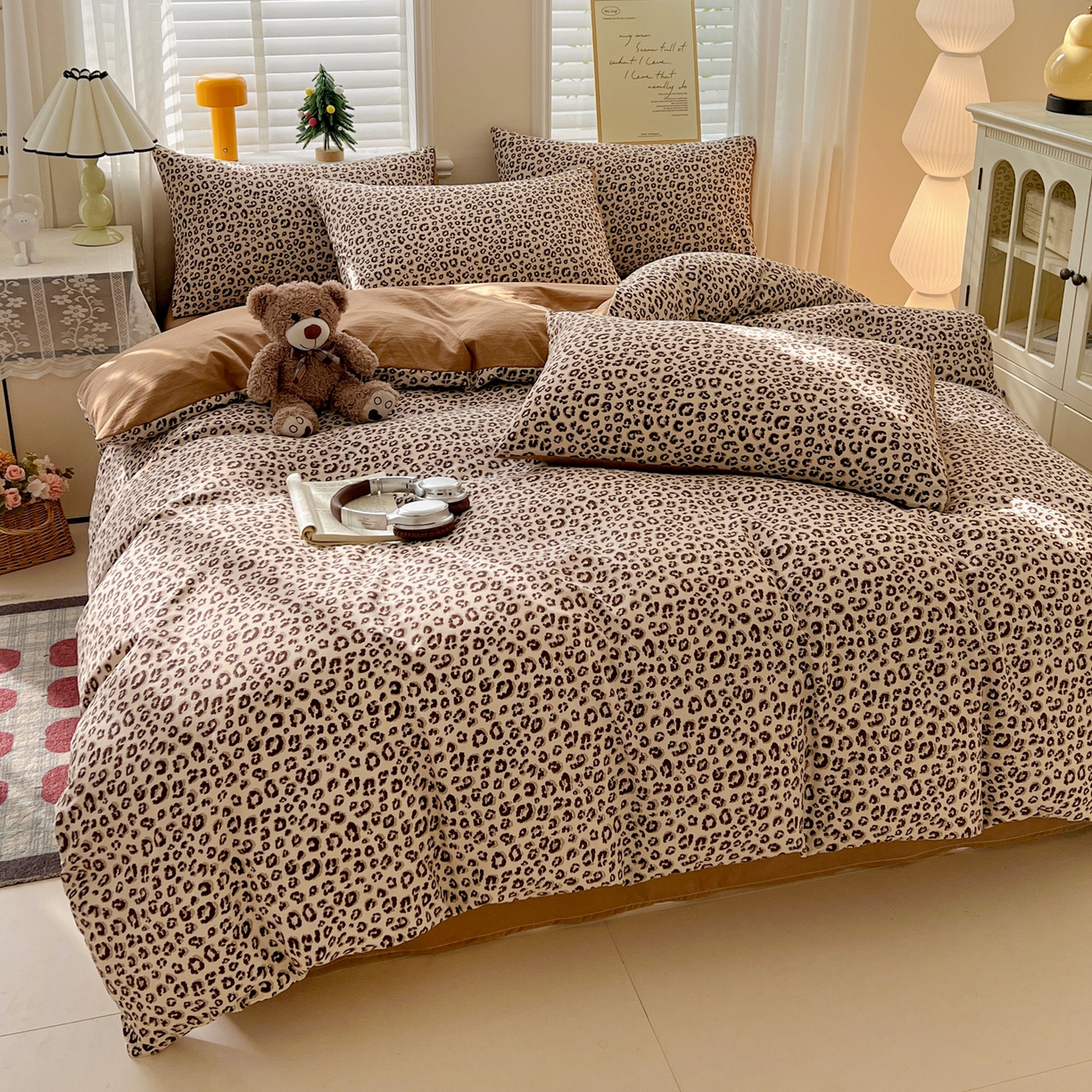 91家纺网 家纺一手货源 找家纺 温眠家纺 2026新款A类古法水洗仿棉云感棉加厚四件套 豹纹