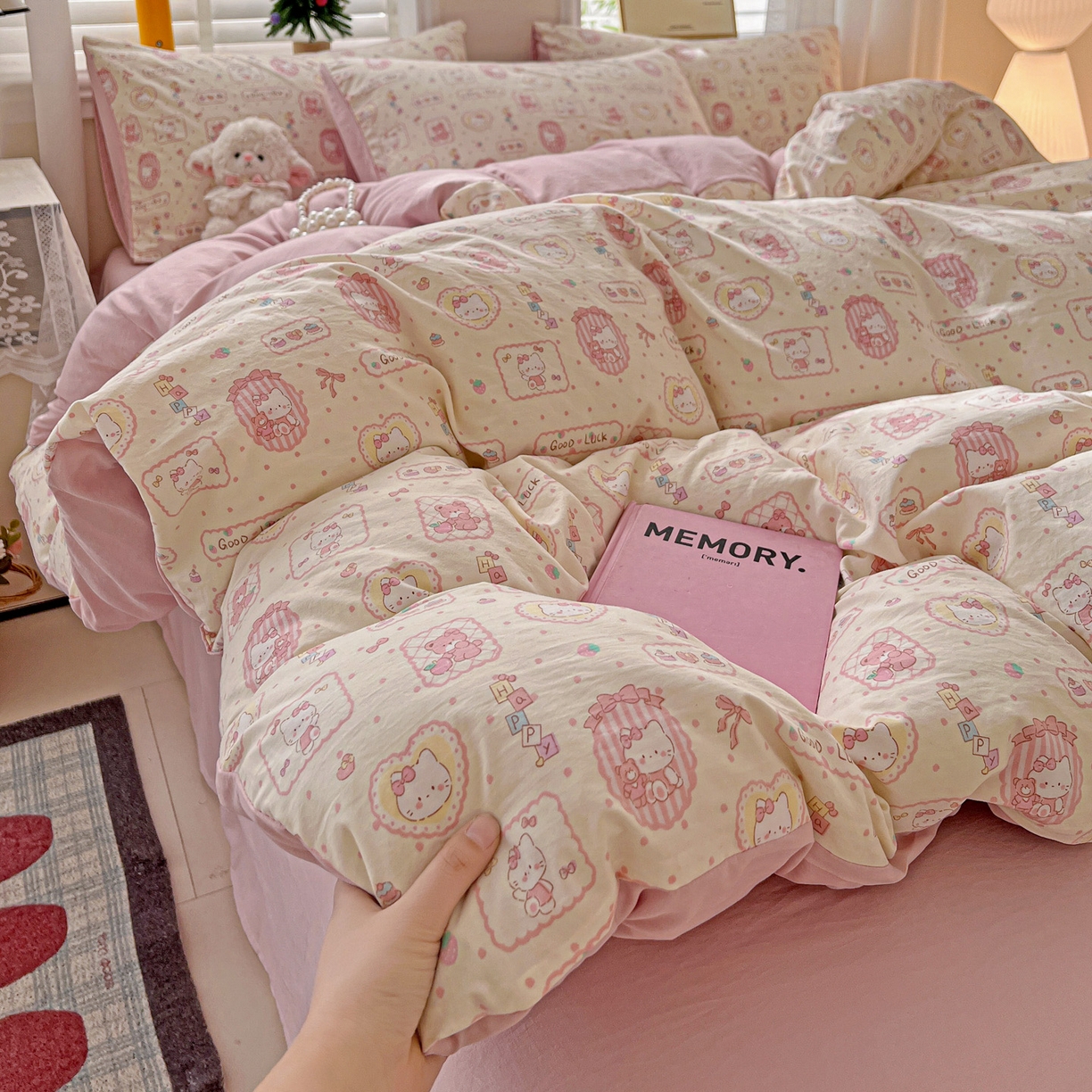 91家纺网 家纺一手货源 找家纺 温眠家纺 2026新款A类古法水洗仿棉云感棉加厚四件套 K蒂猫