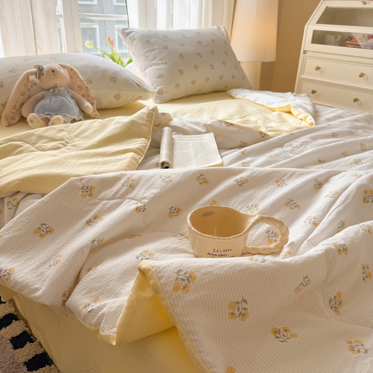 91家纺网 家纺一手货源 找家纺 温眠家纺 2026新款针织泡芙双层纱夏被四件套 花织