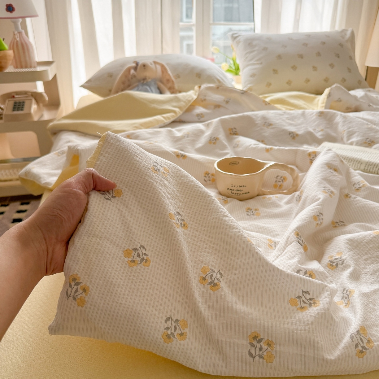 91家纺网 家纺一手货源 找家纺 温眠家纺 2026新款针织泡芙双层纱夏被四件套 花织