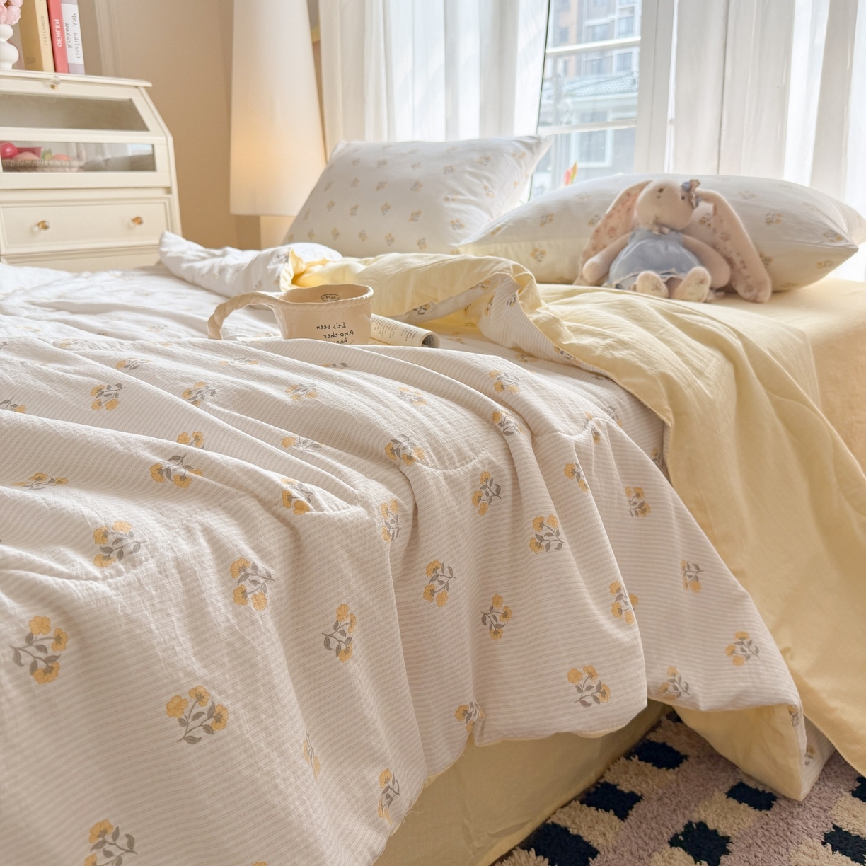 91家纺网 家纺一手货源 找家纺 温眠家纺 2026新款针织泡芙双层纱夏被四件套 花织