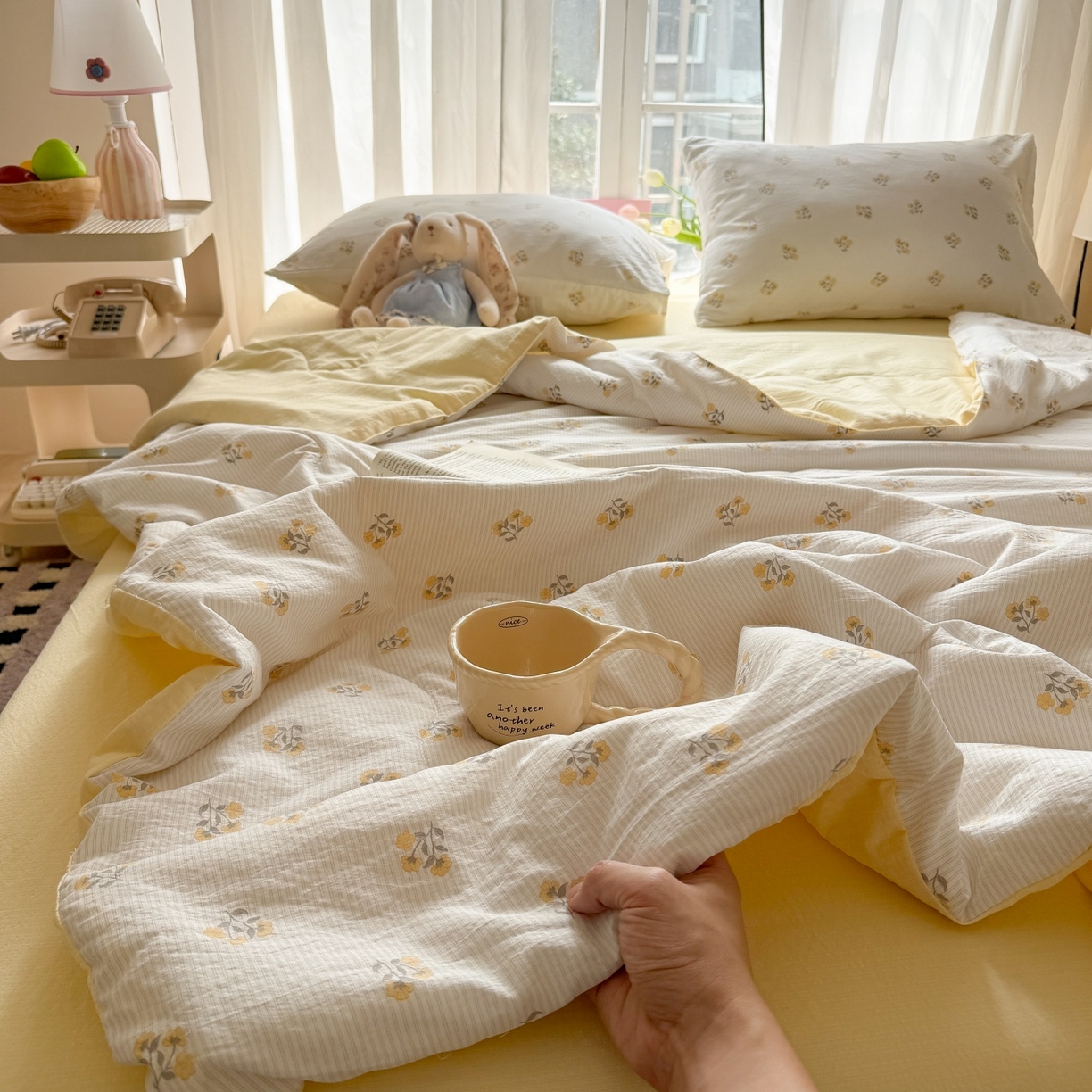 91家纺网 家纺一手货源 找家纺 温眠家纺 2026新款针织泡芙双层纱夏被四件套 花织