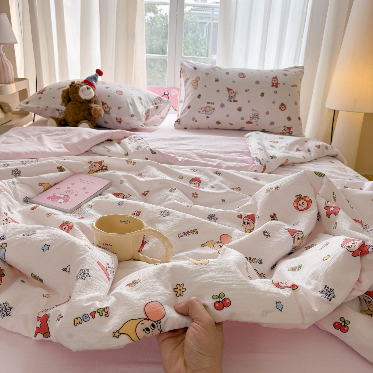 91家纺网 家纺一手货源 找家纺 温眠家纺 2026新款针织泡芙双层纱夏被四件套 礼物盒