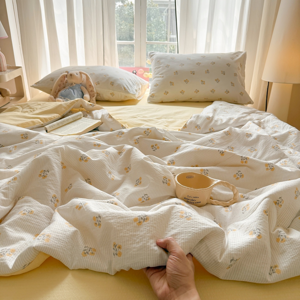 91家纺网 家纺一手货源 找家纺 温眠家纺 2026新款针织泡芙双层纱夏被四件套 花织