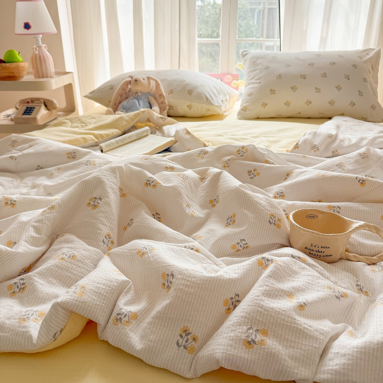 91家纺网 家纺一手货源 找家纺 温眠家纺 2026新款针织泡芙双层纱夏被四件套 花织