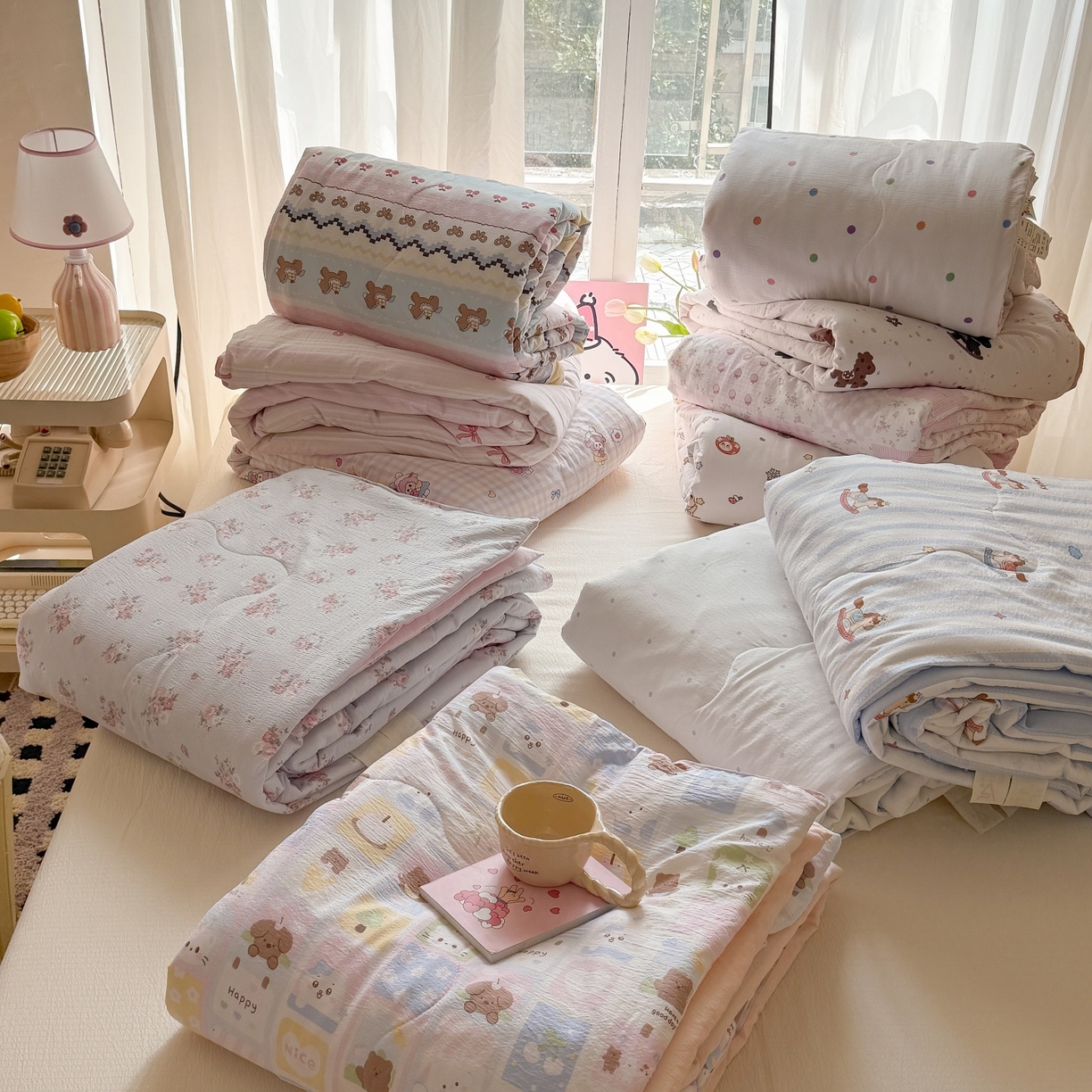 91家纺网 家纺一手货源 找家纺 （总）温眠家纺 2026新款针织泡芙双层纱夏被四件套