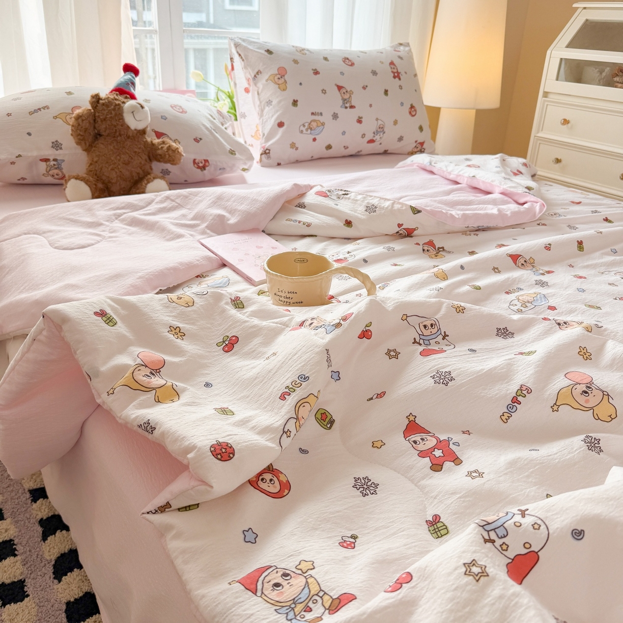 91家纺网 家纺一手货源 找家纺 温眠家纺 2026新款针织泡芙双层纱夏被四件套 礼物盒