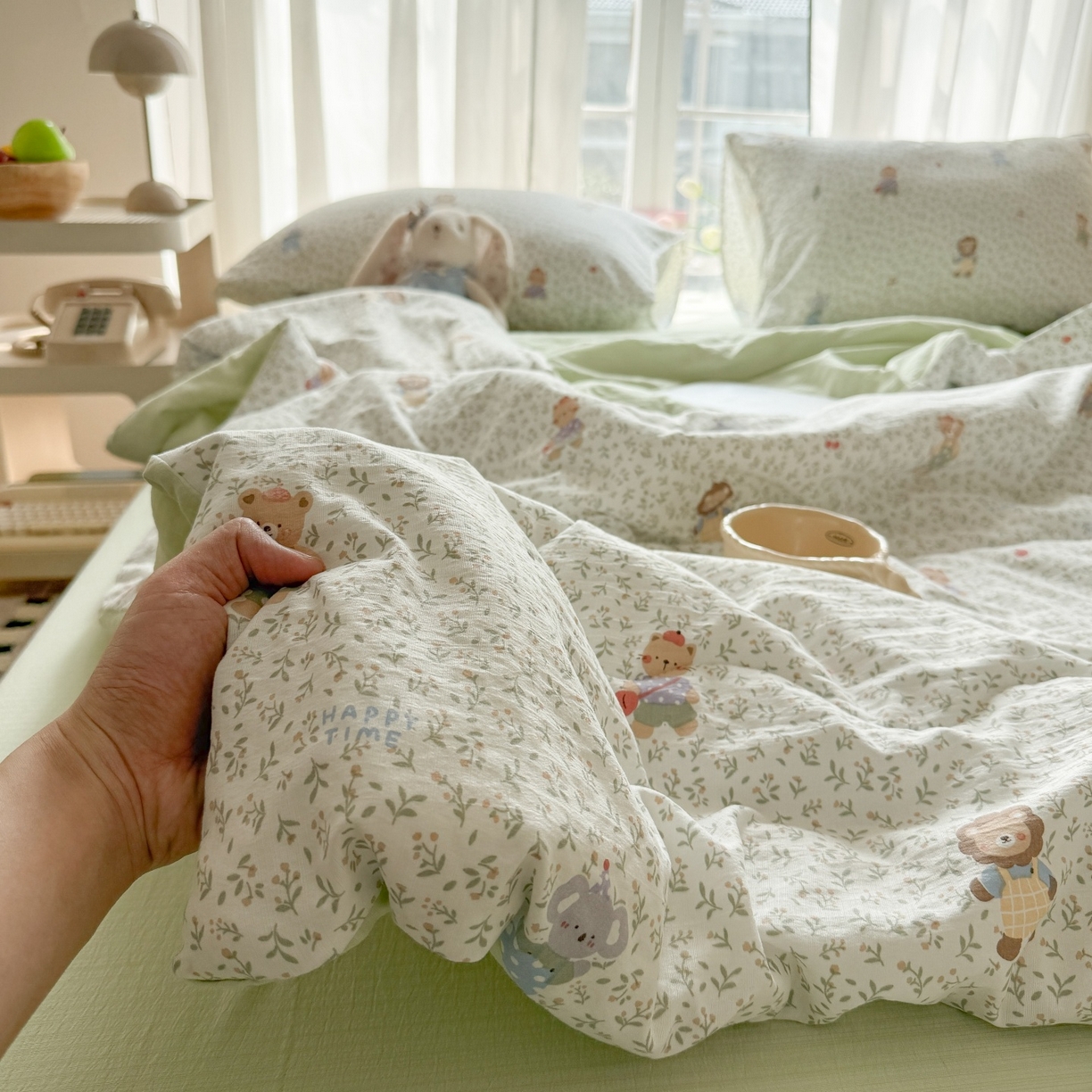 91家纺网 家纺一手货源 找家纺 温眠家纺 2026新款针织泡芙双层纱夏被四件套 森语萌宠