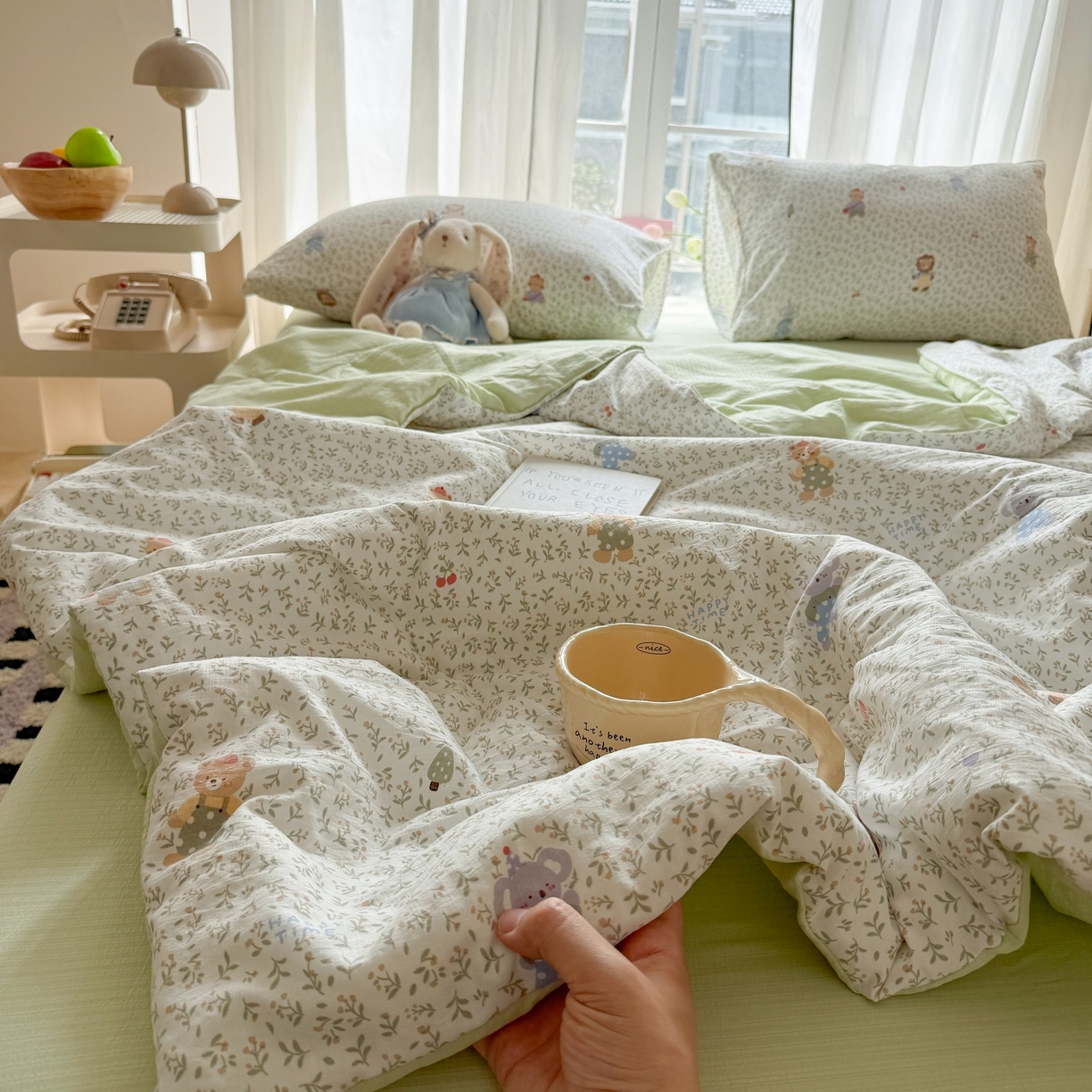 91家纺网 家纺一手货源 找家纺 温眠家纺 2026新款针织泡芙双层纱夏被四件套 森语萌宠