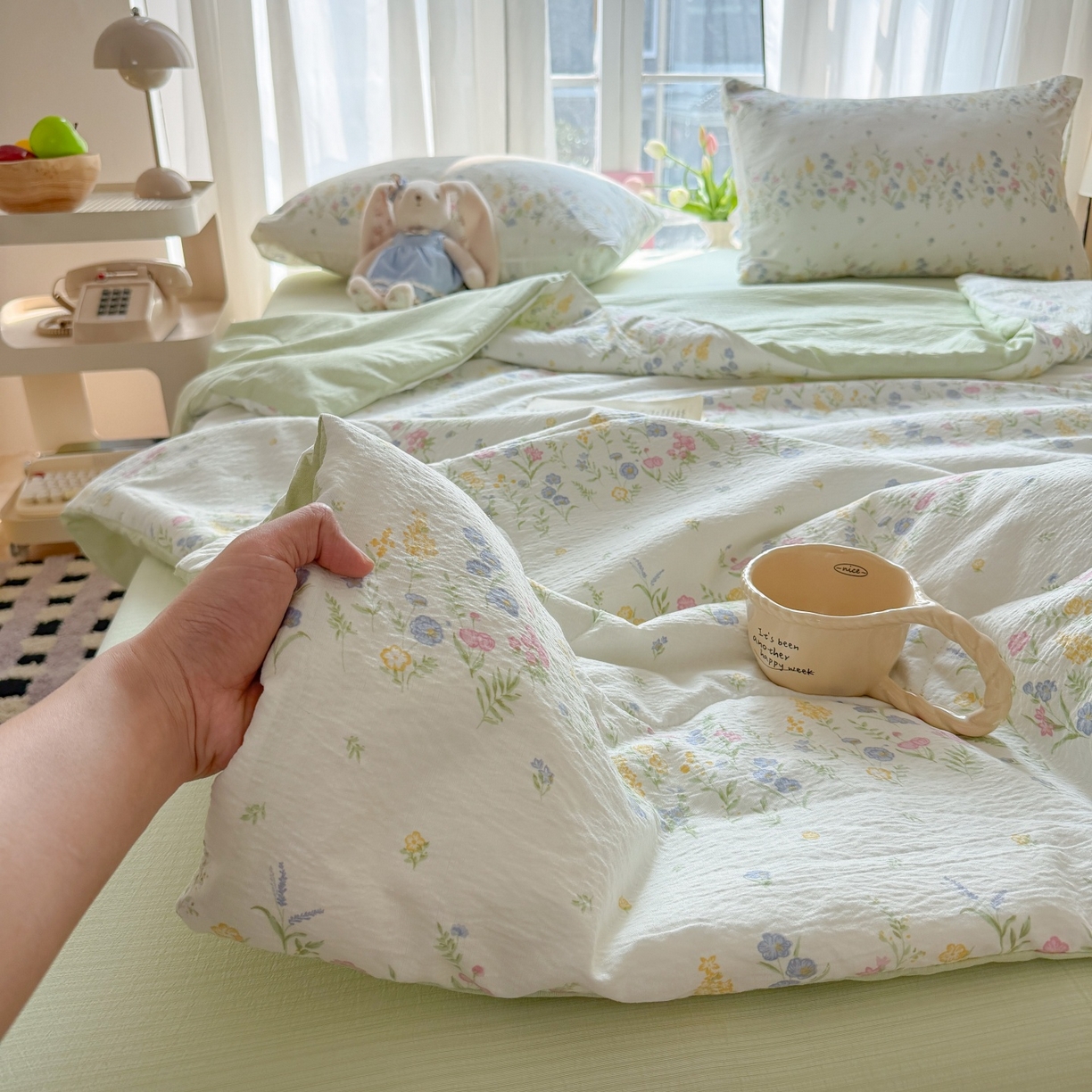 91家纺网 家纺一手货源 找家纺 温眠家纺 2026新款针织泡芙双层纱夏被四件套 小森系