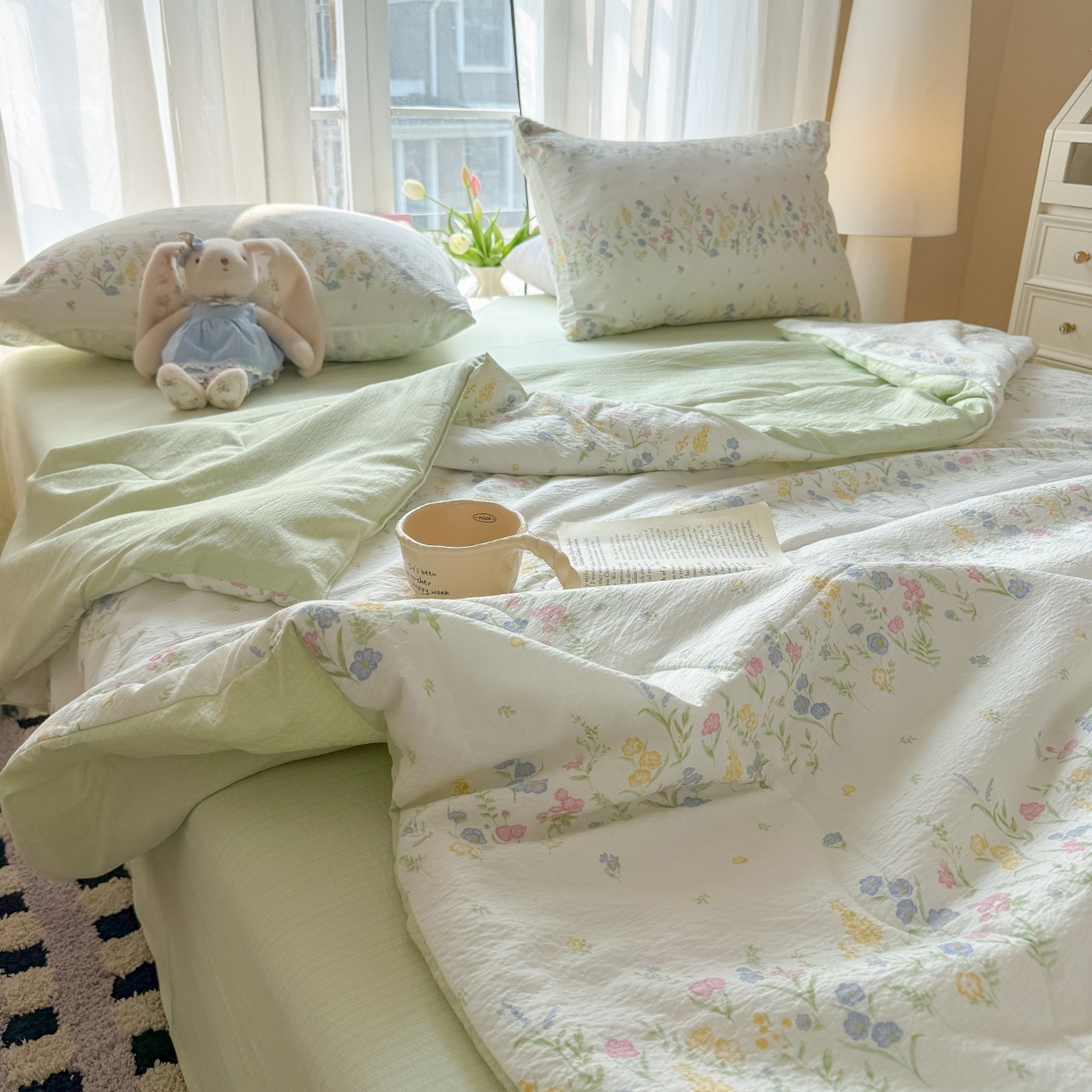 91家纺网 家纺一手货源 找家纺 温眠家纺 2026新款针织泡芙双层纱夏被四件套 小森系