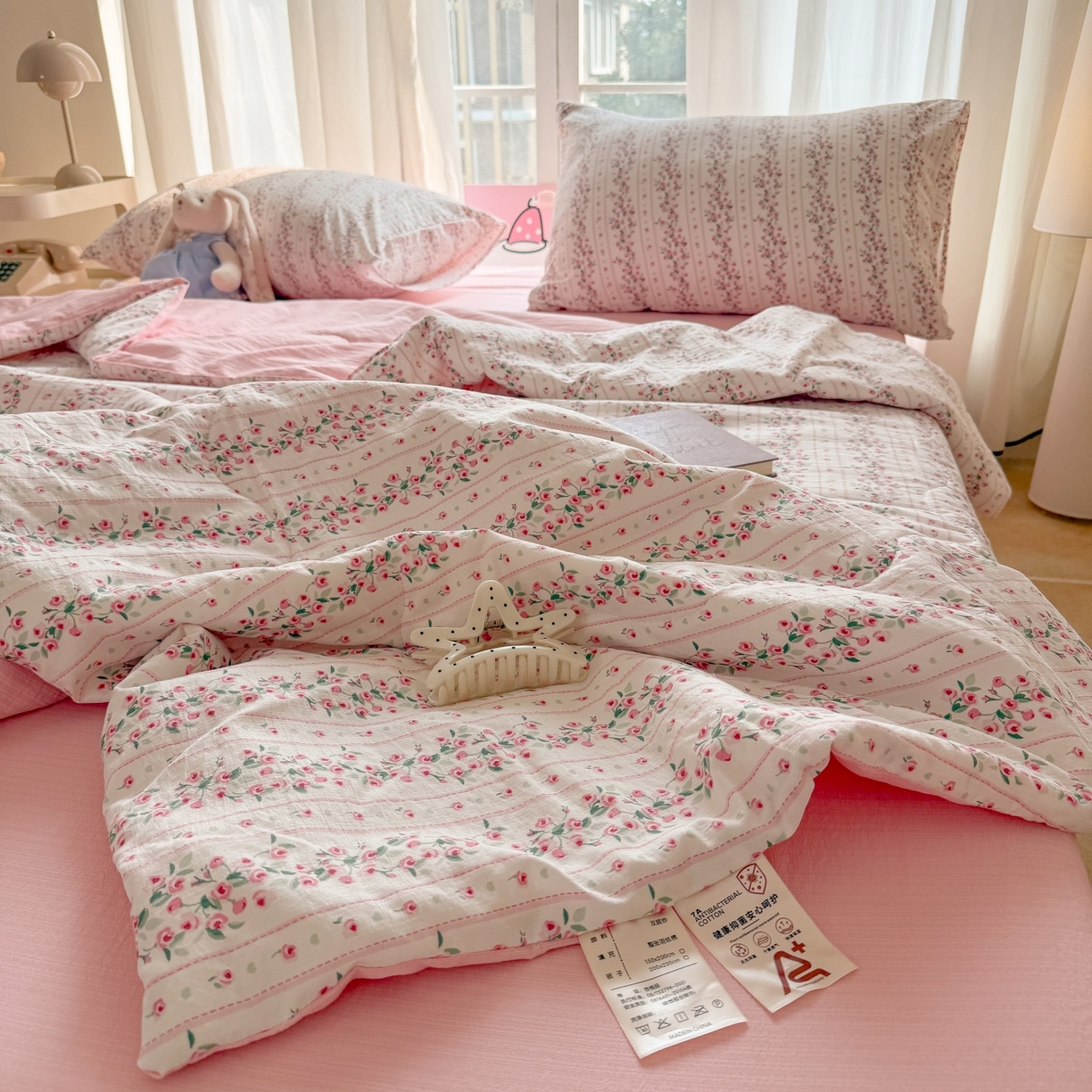 91家纺网 家纺一手货源 找家纺 温眠家纺 2026新款针织泡芙双层纱夏被四件套 蔷薇玫瑰