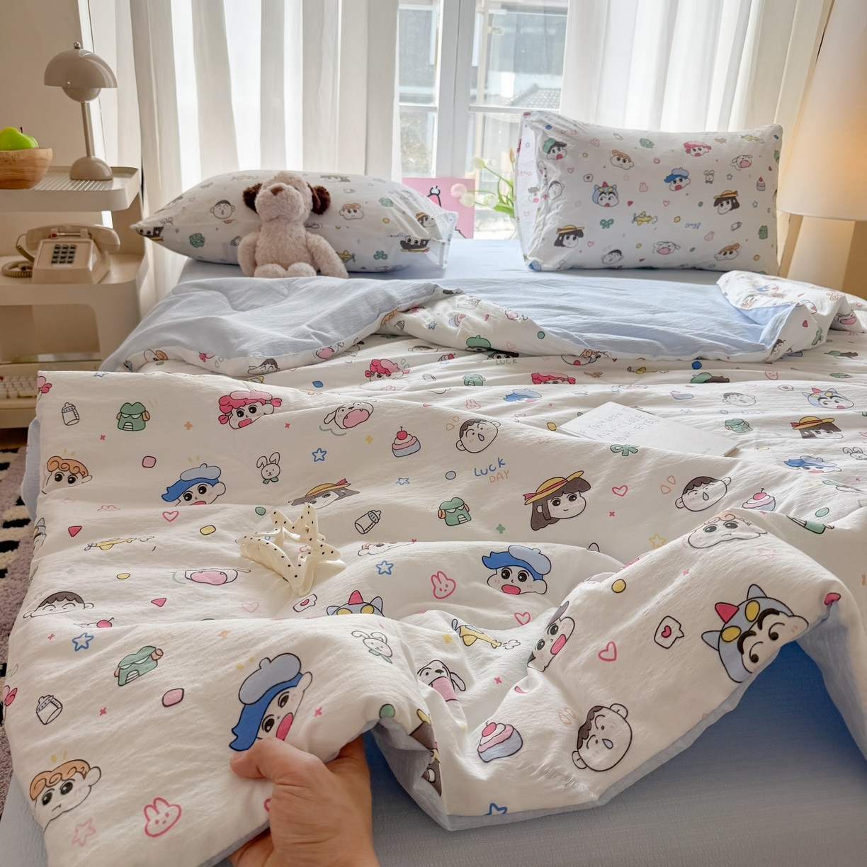 91家纺网 家纺一手货源 找家纺 温眠家纺 2026新款针织泡芙双层纱夏被四件套 童年