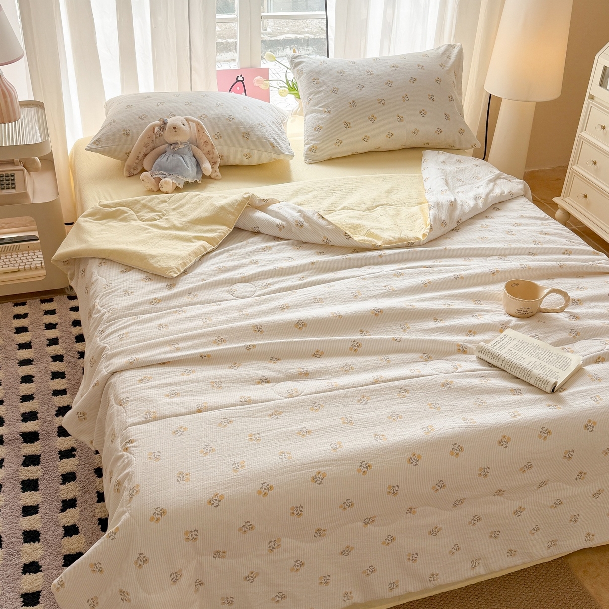 91家纺网 家纺一手货源 找家纺 温眠家纺 2026新款针织泡芙双层纱夏被四件套 花织