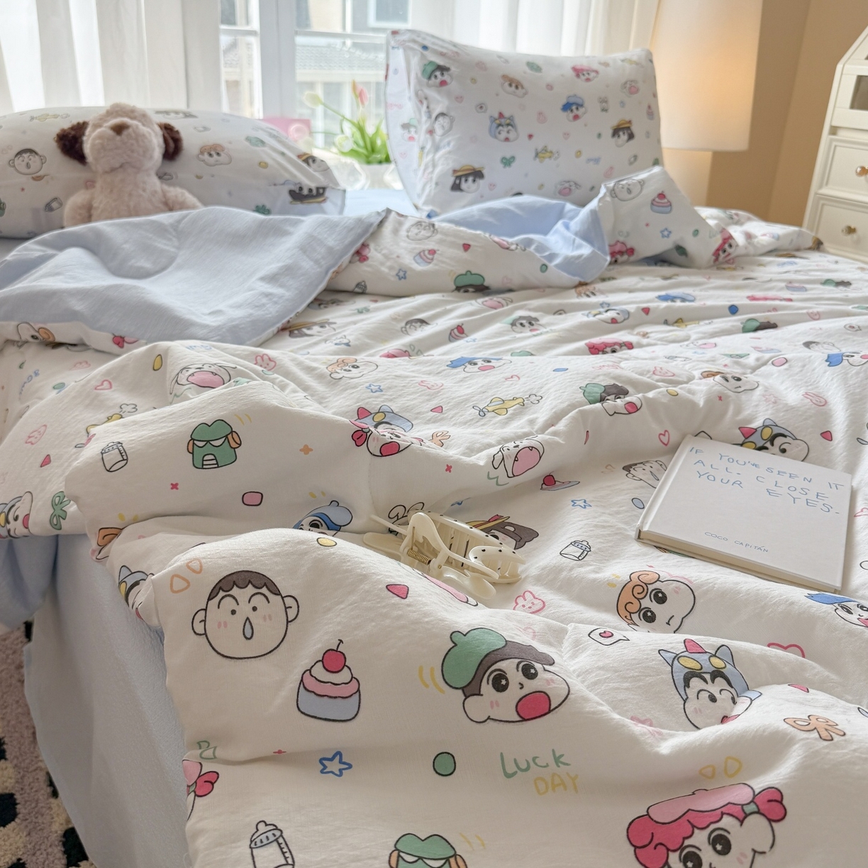 91家纺网 家纺一手货源 找家纺 温眠家纺 2026新款针织泡芙双层纱夏被四件套 童年