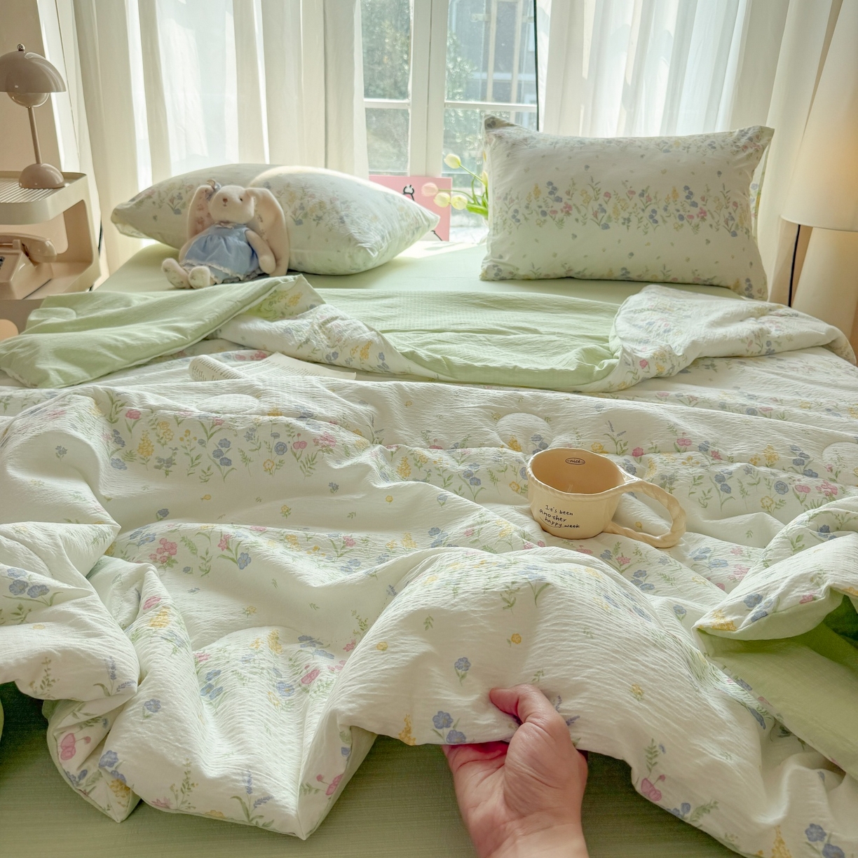 91家纺网 家纺一手货源 找家纺 温眠家纺 2026新款针织泡芙双层纱夏被四件套 小森系