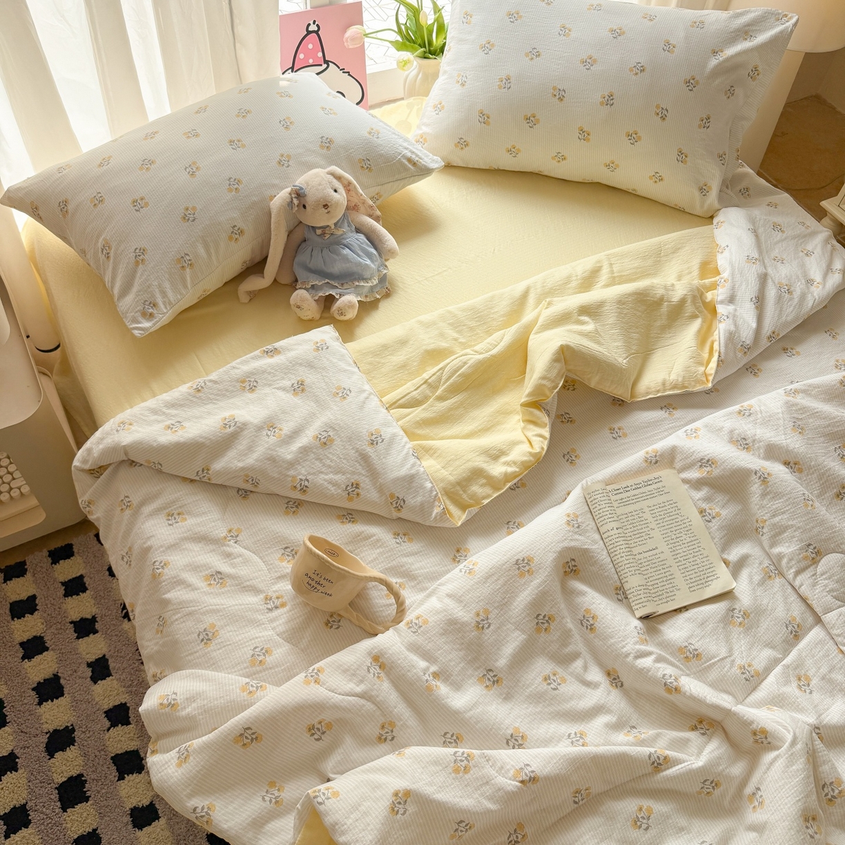 91家纺网 家纺一手货源 找家纺 温眠家纺 2026新款针织泡芙双层纱夏被四件套 花织