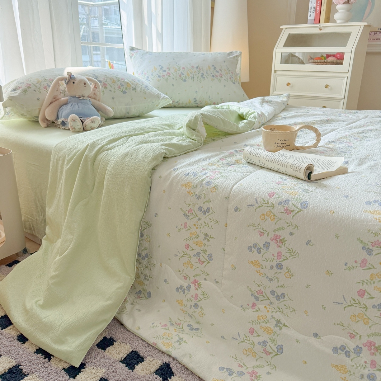 91家纺网 家纺一手货源 找家纺 温眠家纺 2026新款针织泡芙双层纱夏被四件套 小森系