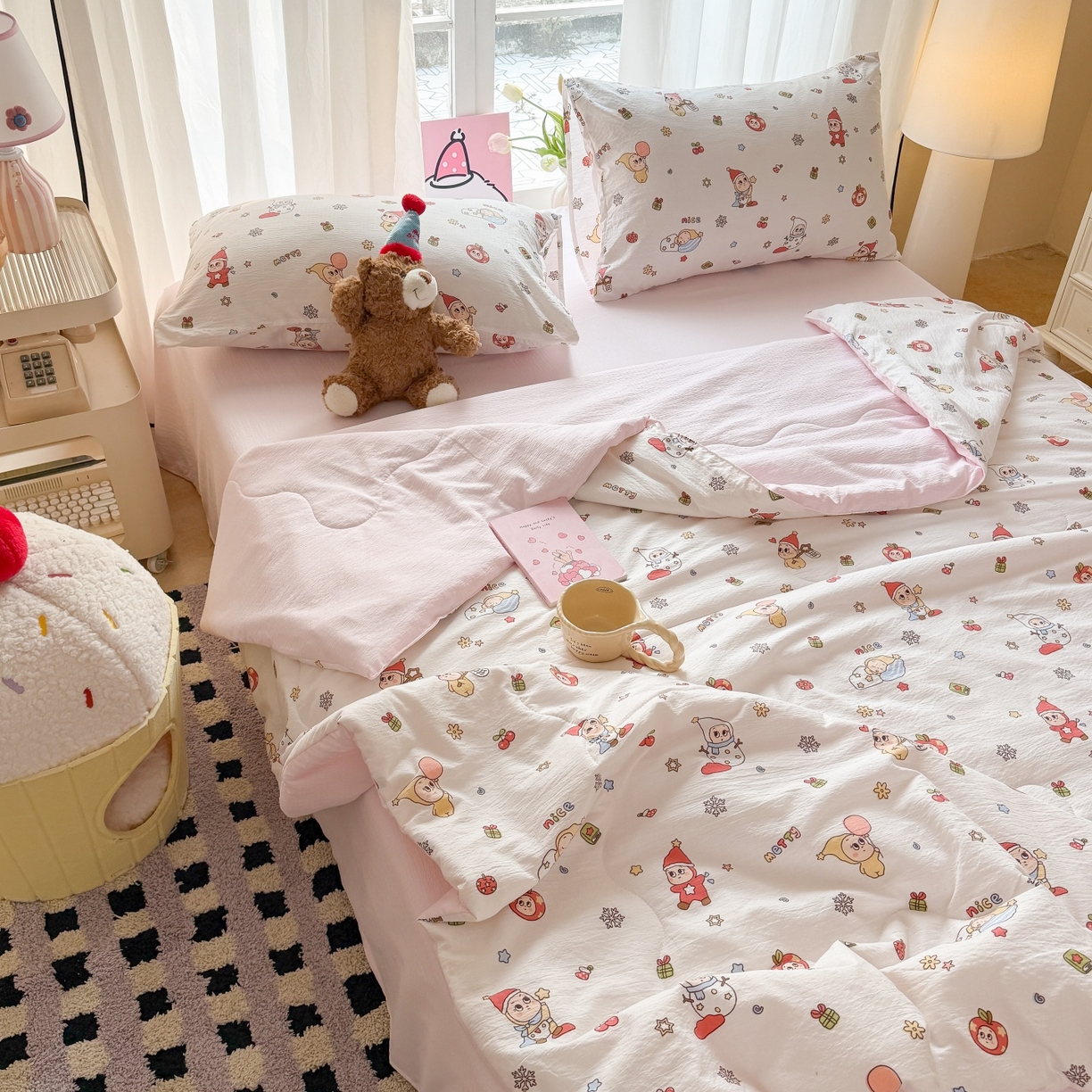 91家纺网 家纺一手货源 找家纺 温眠家纺 2026新款针织泡芙双层纱夏被四件套 礼物盒