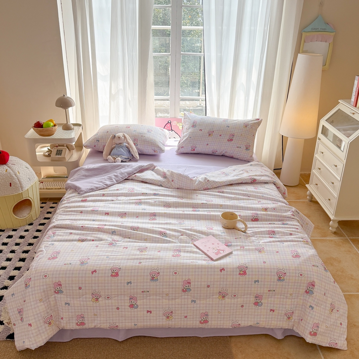 温眠家纺 2026新款针织泡芙双层纱夏被四件套 甜梦格