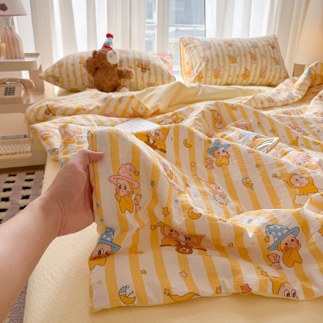 91家纺网 家纺一手货源 找家纺 温眠家纺 2026新款针织泡芙双层纱夏被四件套 魔法精灵