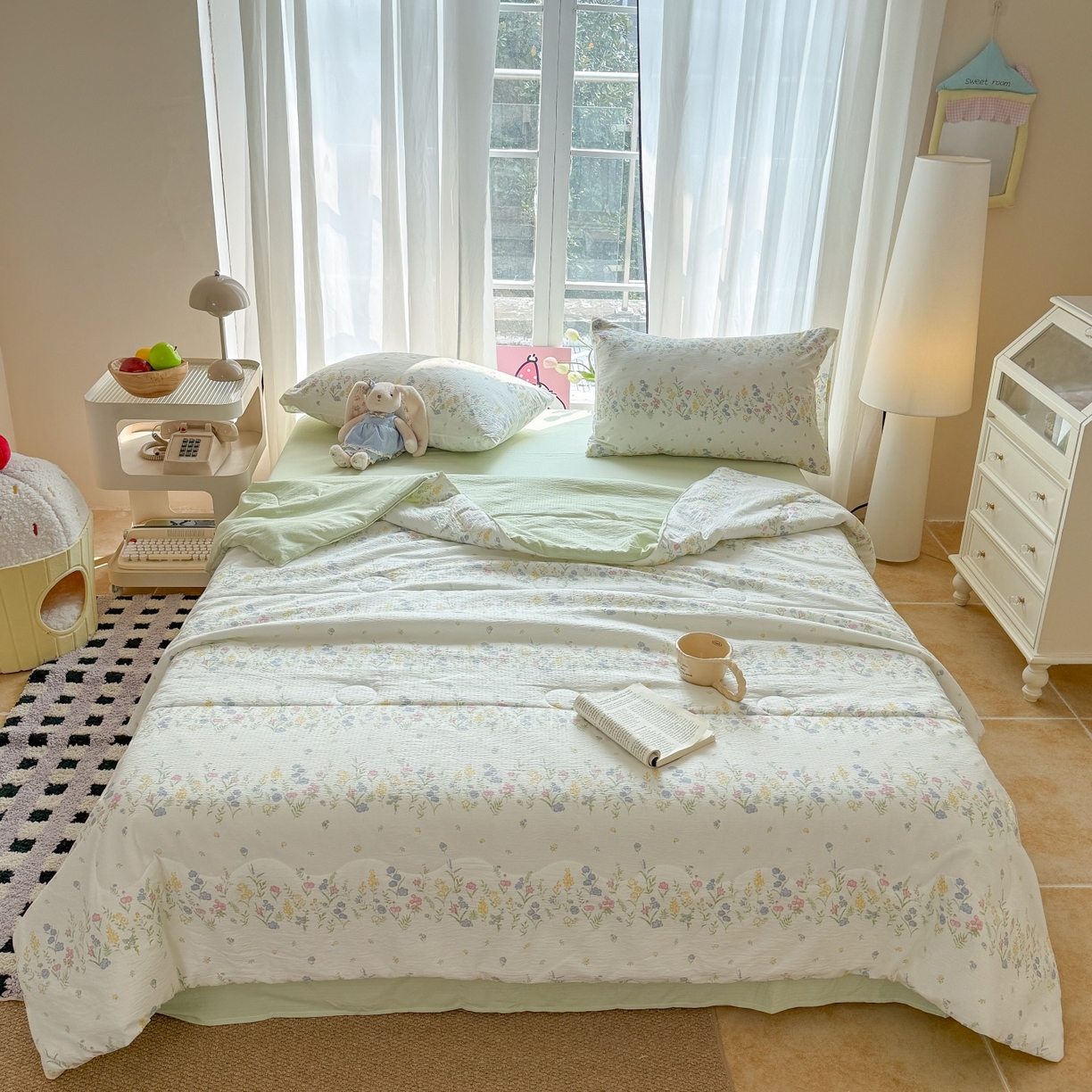 91家纺网 家纺一手货源 找家纺 温眠家纺 2026新款针织泡芙双层纱夏被四件套 小森系