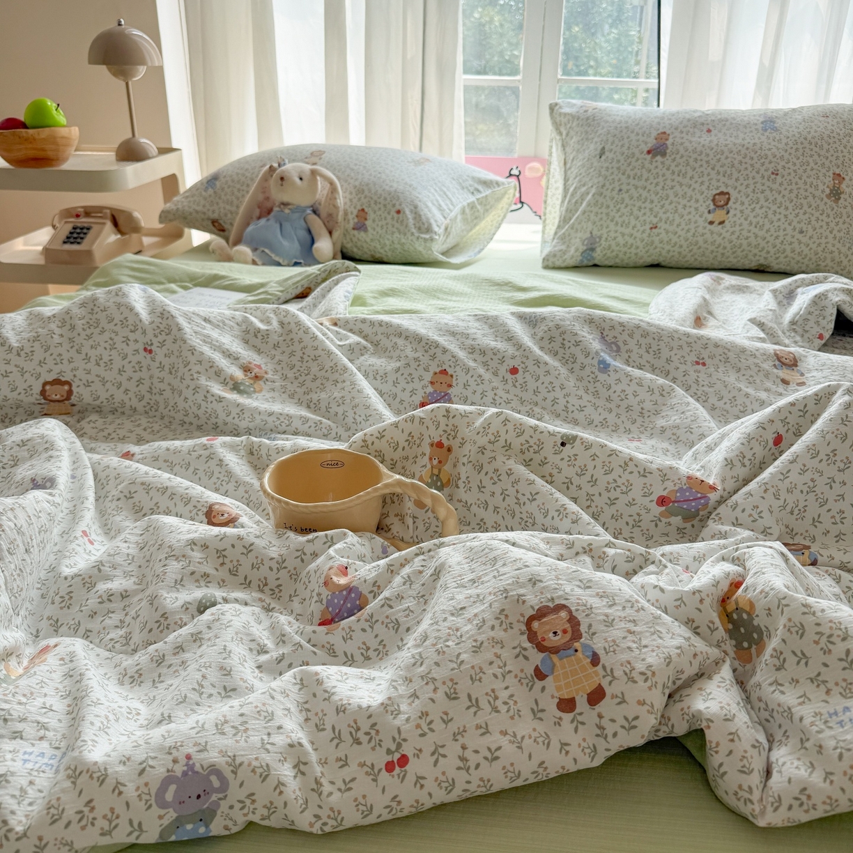 91家纺网 家纺一手货源 找家纺 温眠家纺 2026新款针织泡芙双层纱夏被四件套 森语萌宠