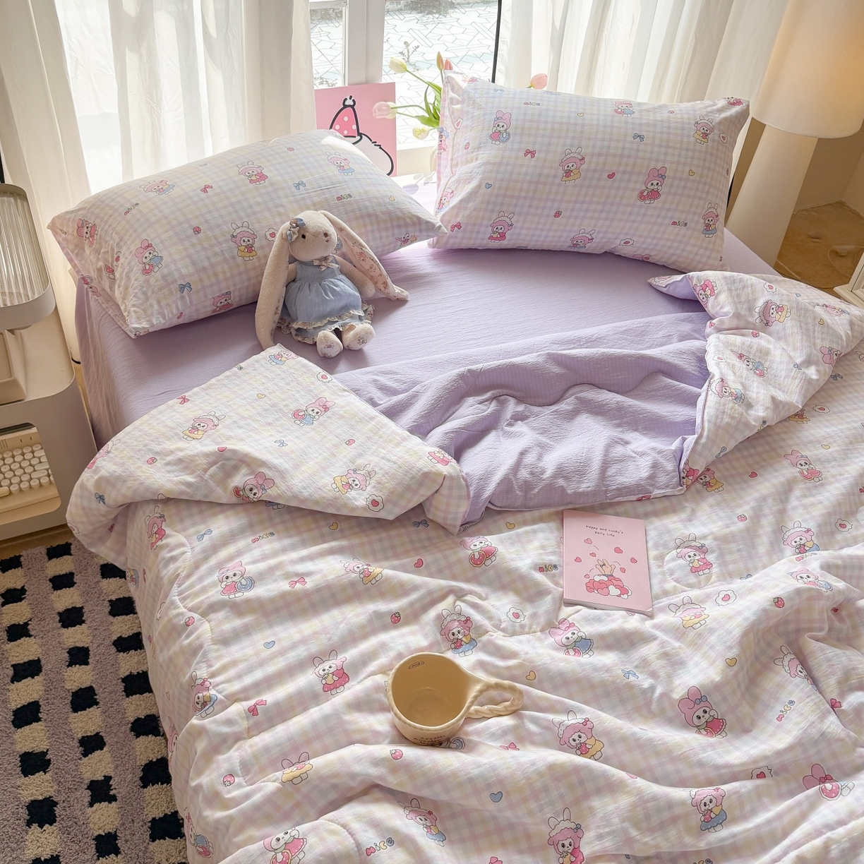 91家纺网 家纺一手货源 找家纺 温眠家纺 2026新款针织泡芙双层纱夏被四件套 甜梦格