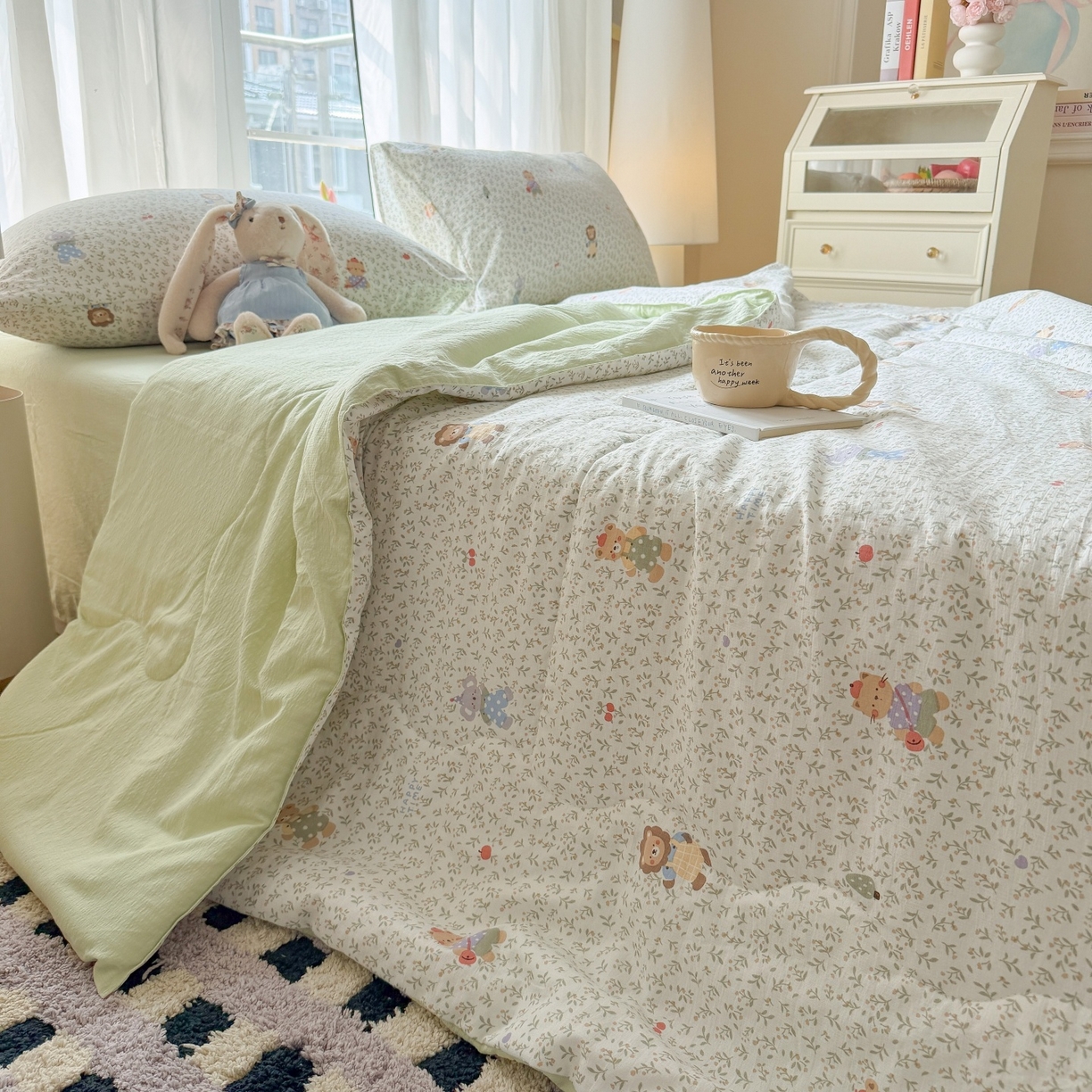 91家纺网 家纺一手货源 找家纺 温眠家纺 2026新款针织泡芙双层纱夏被四件套 森语萌宠