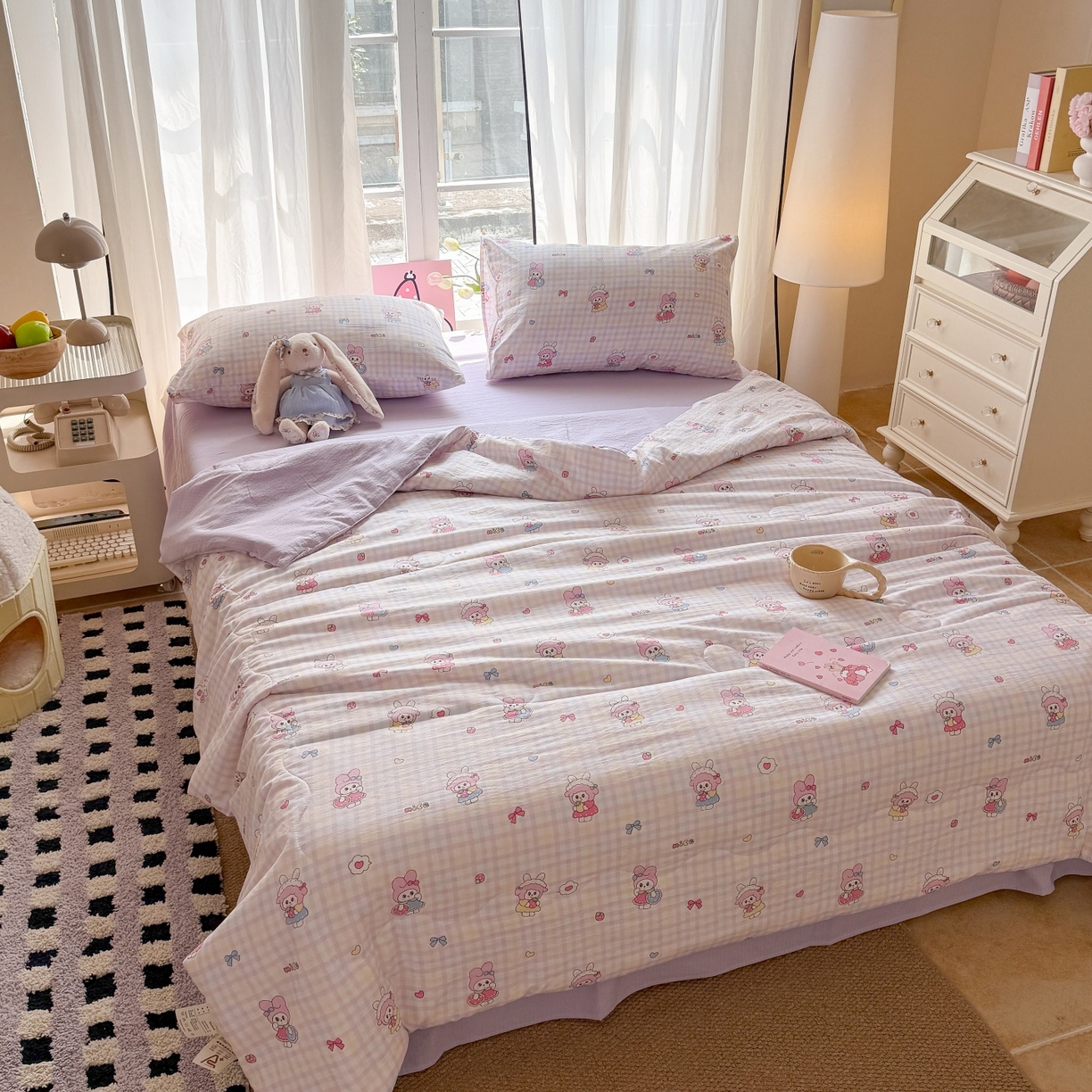 91家纺网 家纺一手货源 找家纺 温眠家纺 2026新款针织泡芙双层纱夏被四件套 甜梦格