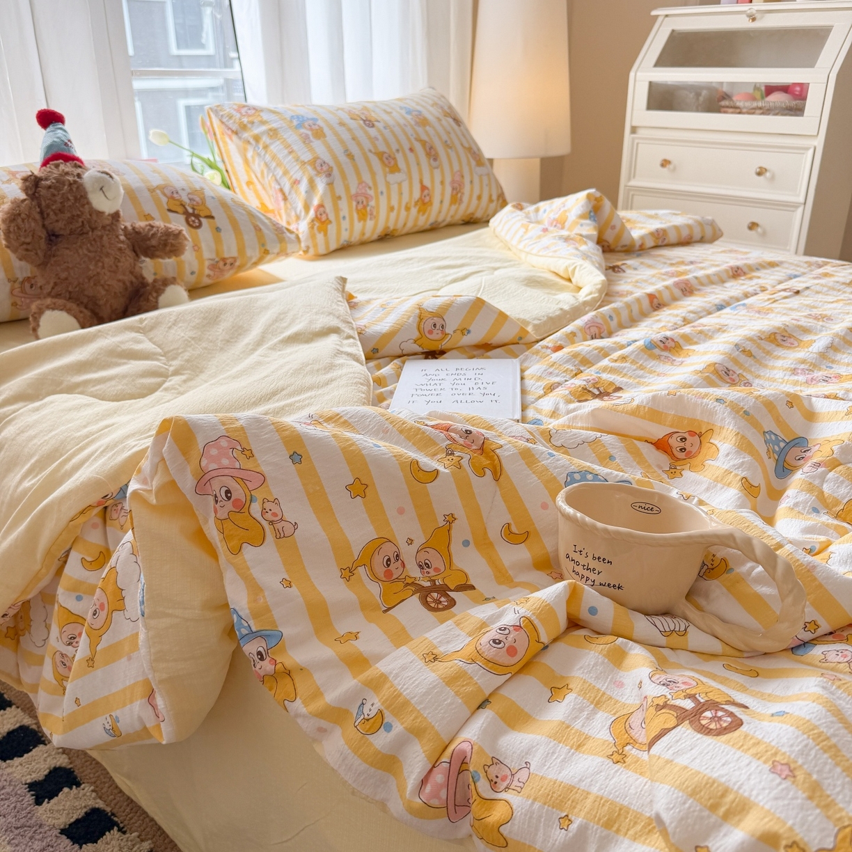 91家纺网 家纺一手货源 找家纺 温眠家纺 2026新款针织泡芙双层纱夏被四件套 魔法精灵